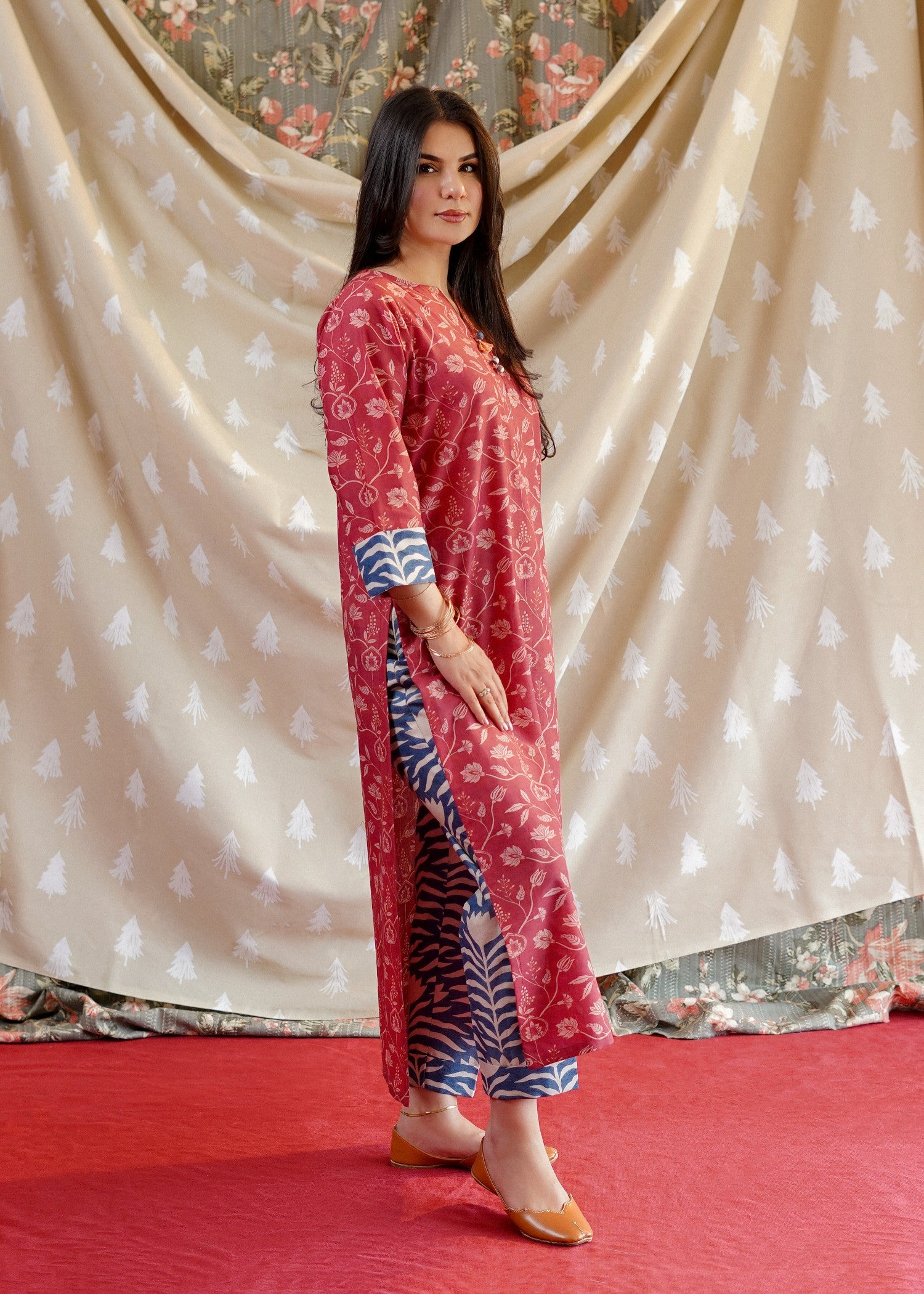 lawn Kurta Set in Brick red
