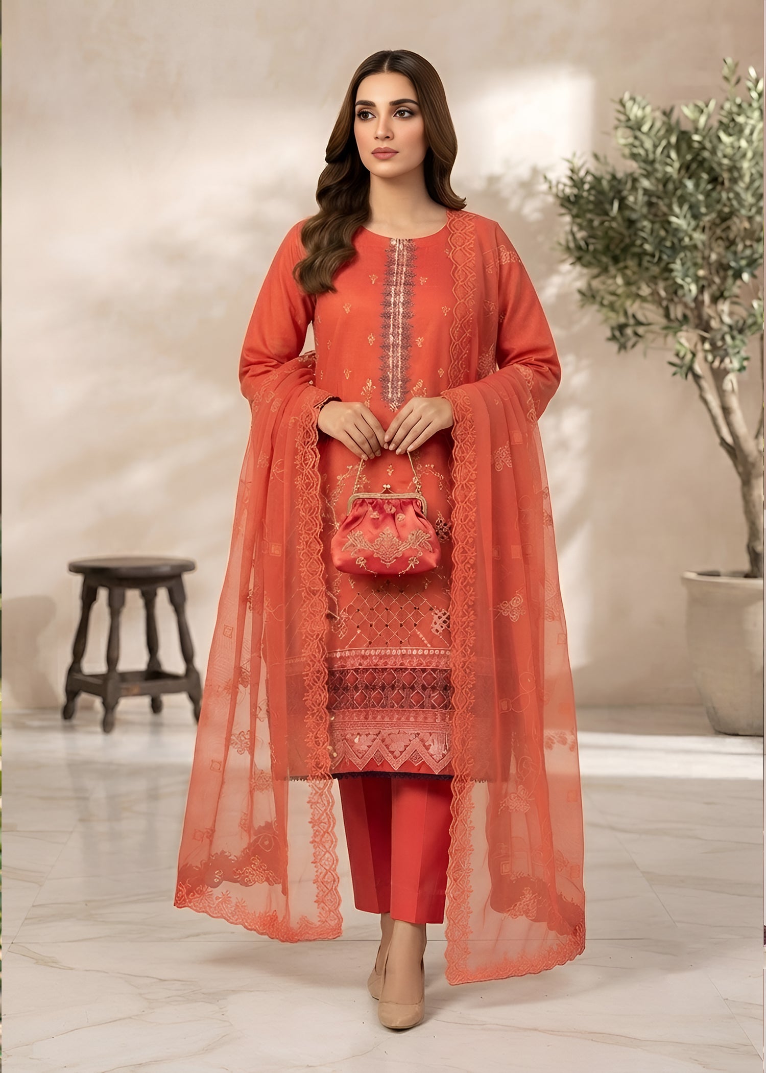 cambric Kurta Set in Coral orange