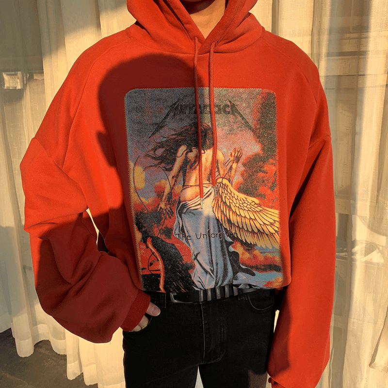 Hooded Hoodie Men'S Loose Plush Jet Offset Print Pullover Hoodie