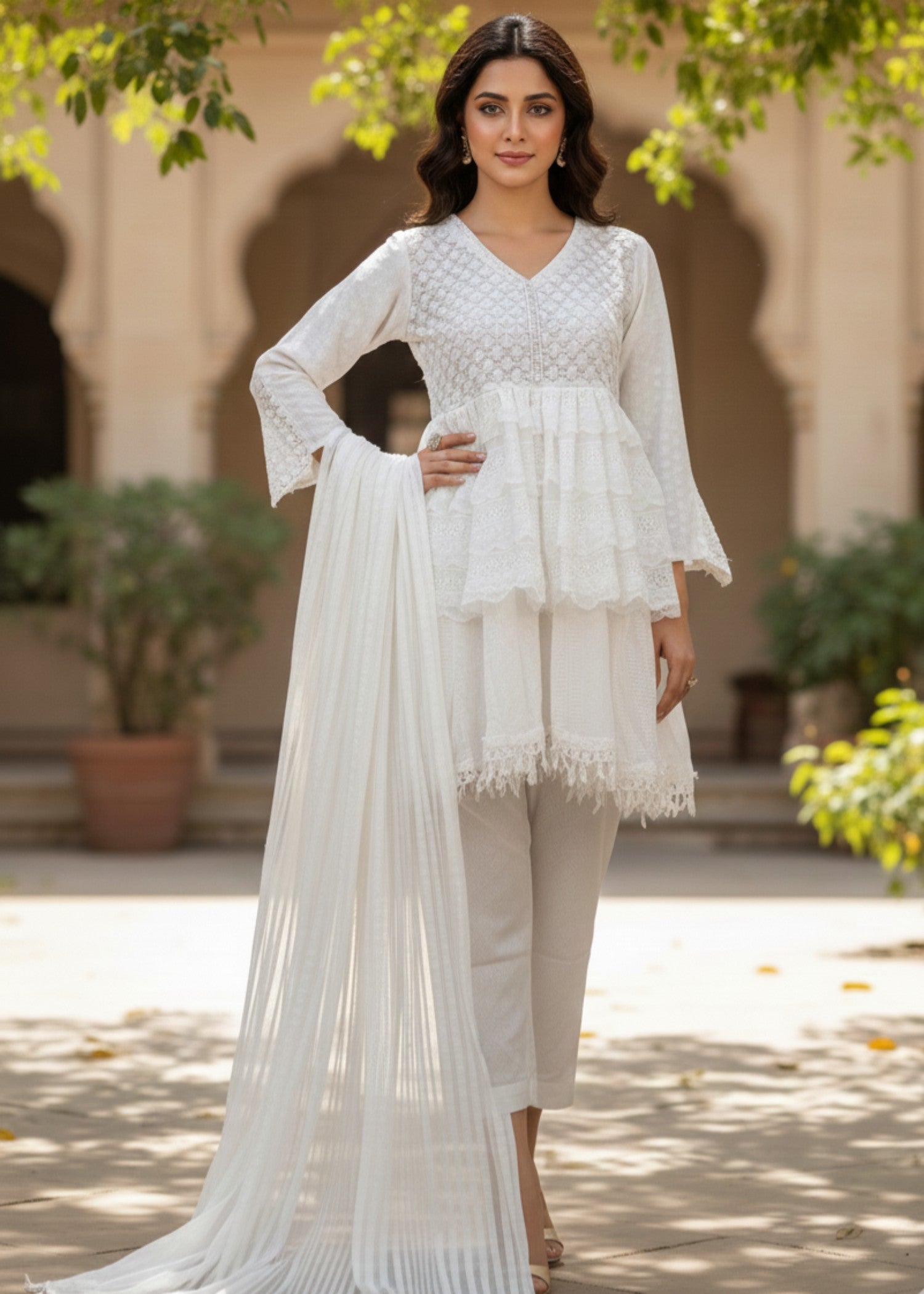 cotton viscose Short Frock in White