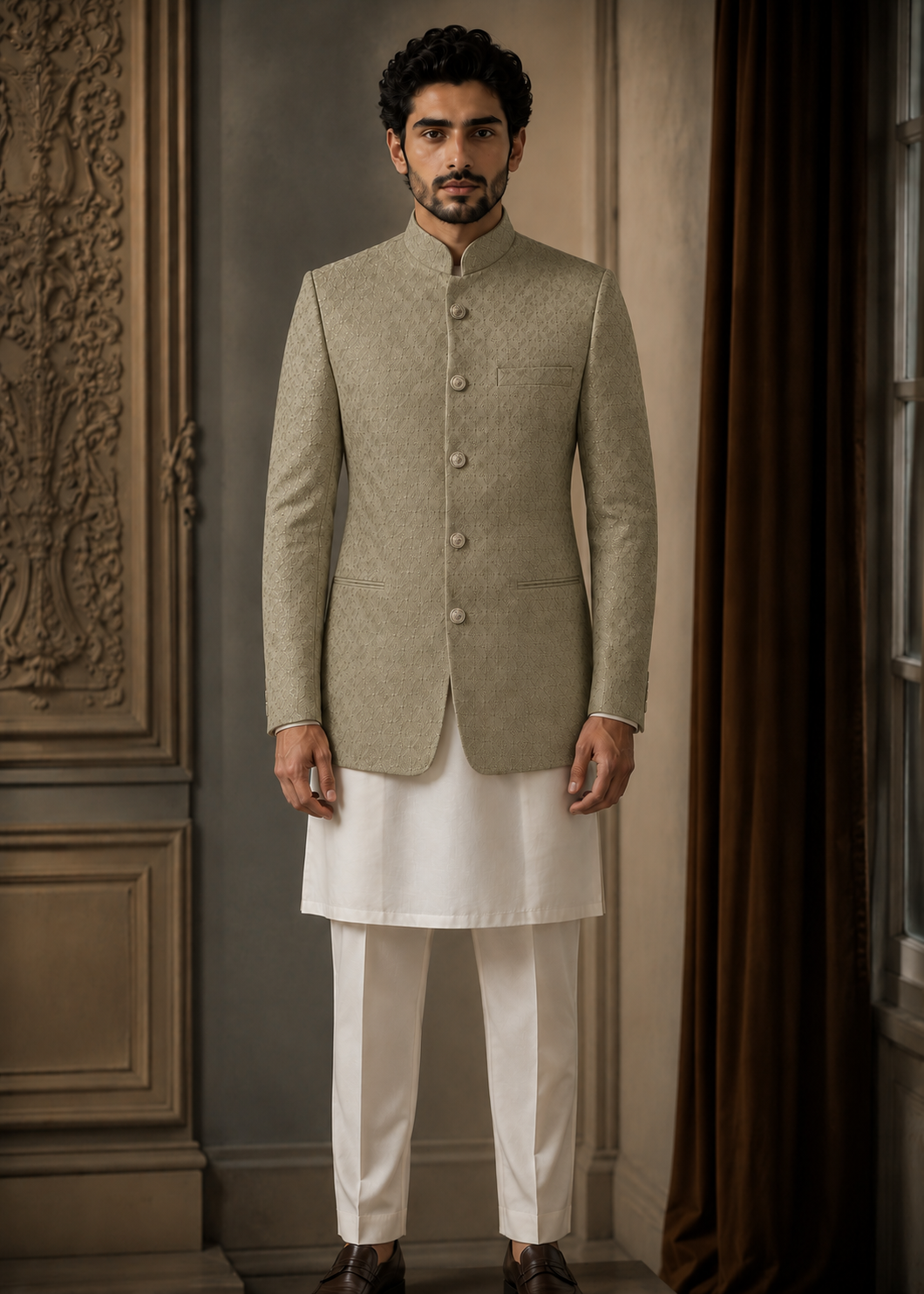 chikankari cotton Prince Coat in Pistachio green