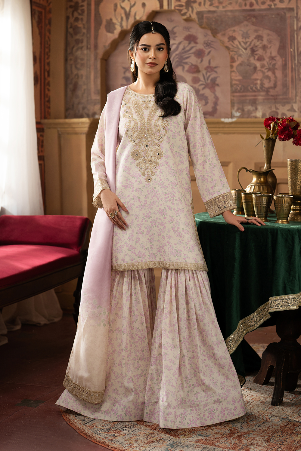 silk finish lawn Gharara in Ivory