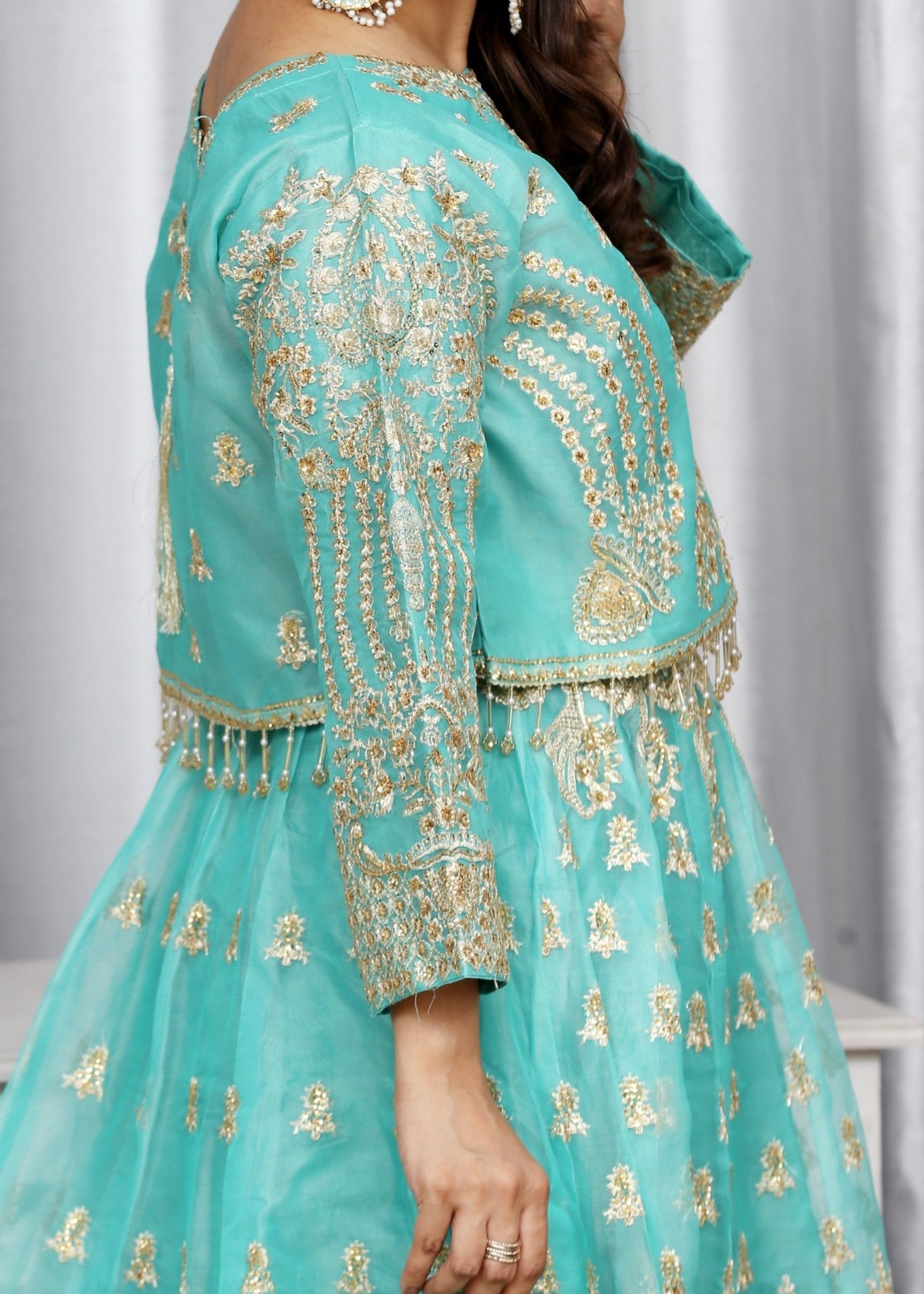 organza Lehenga in Aquamarine