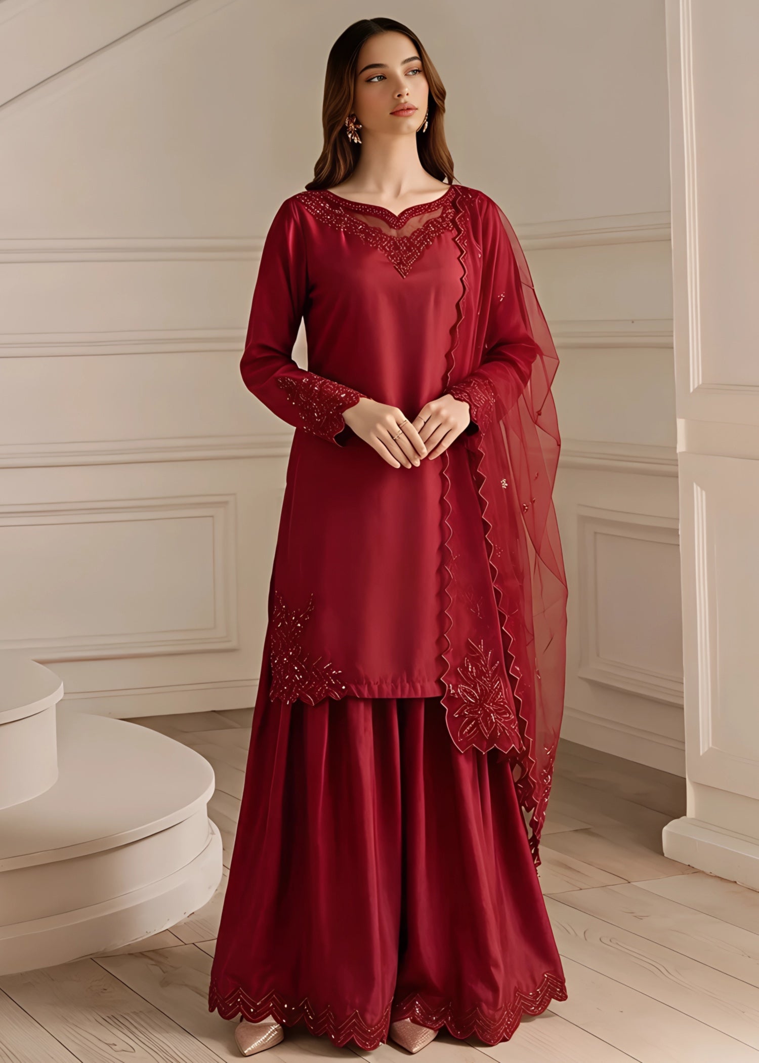 silk Sharara in Maroon