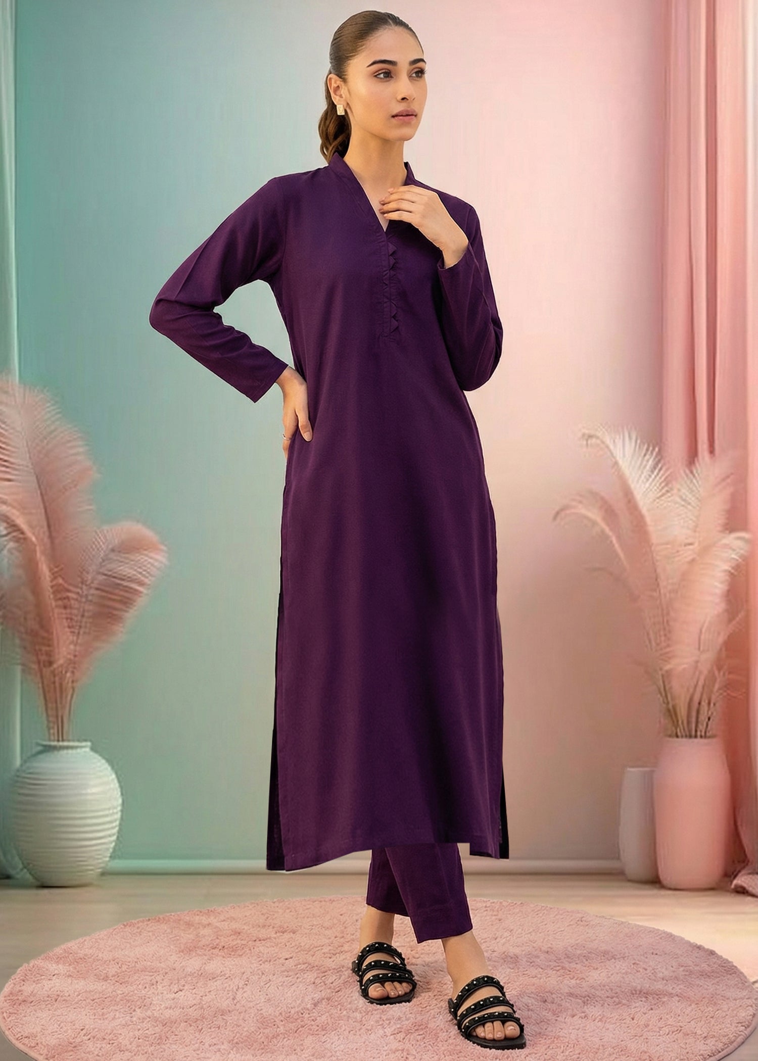 slub lawn Kurta Set in Royal purple