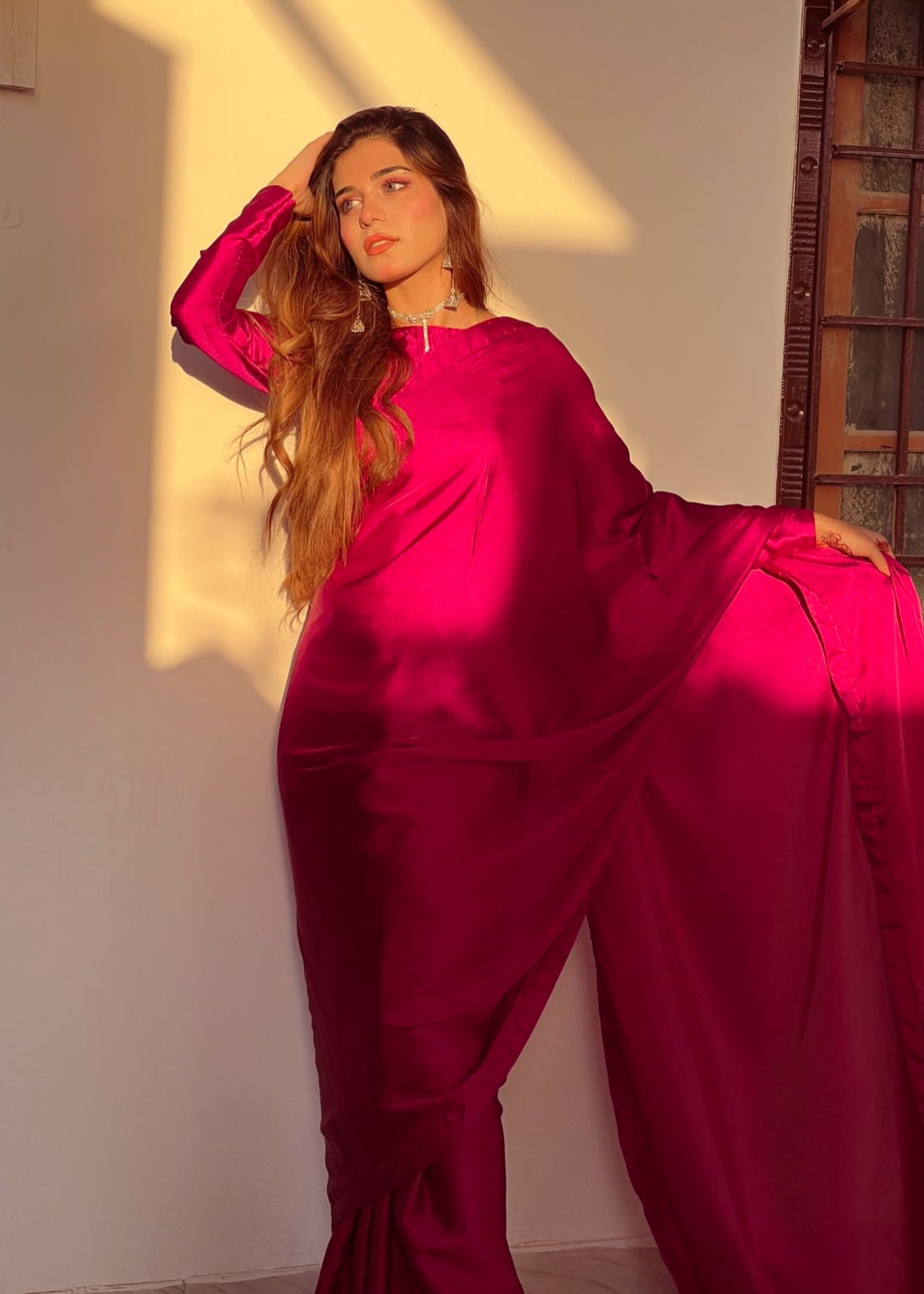 poly silk Saree in Raspberry pink