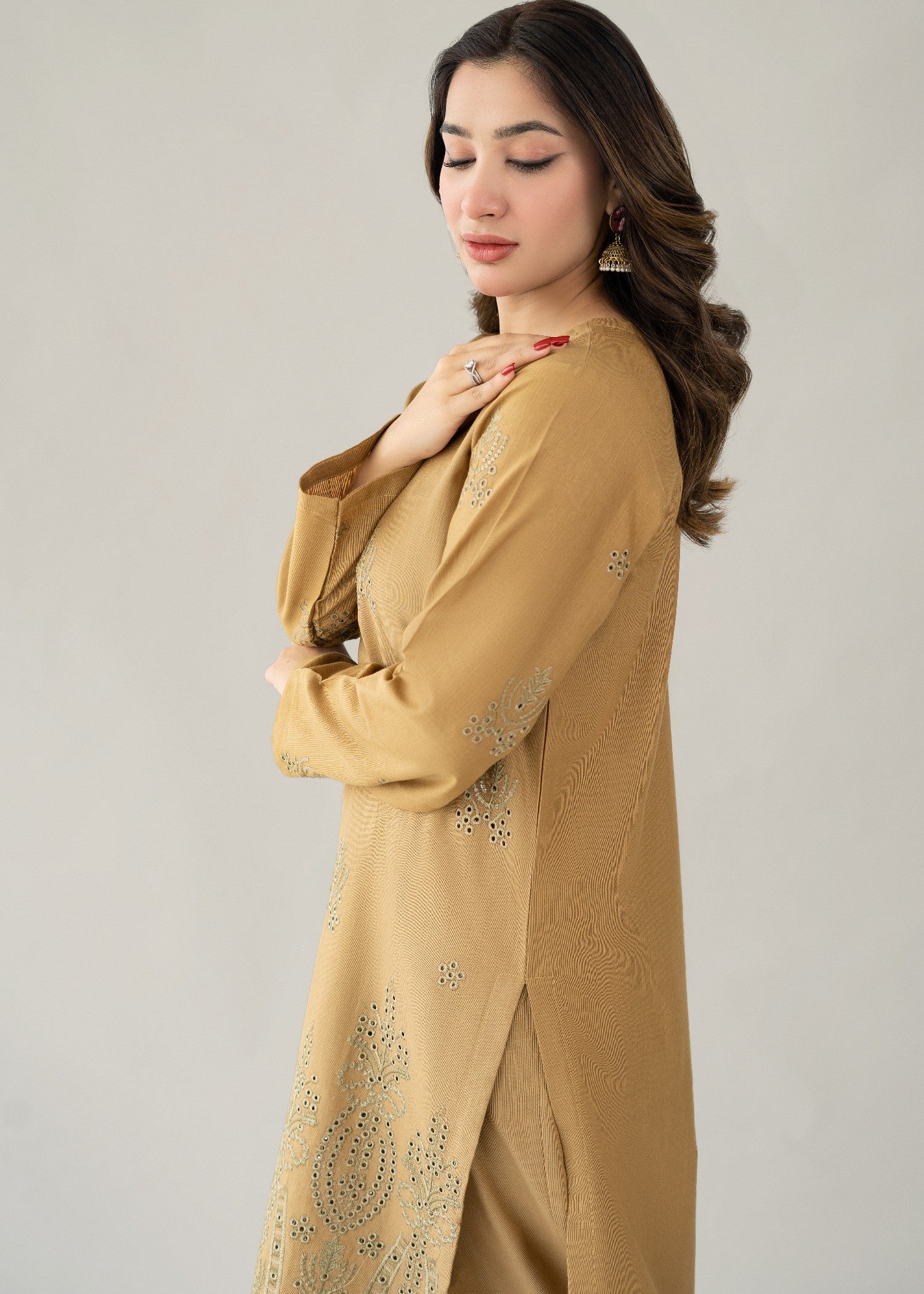 slub khaddar Kurta Set in Brown