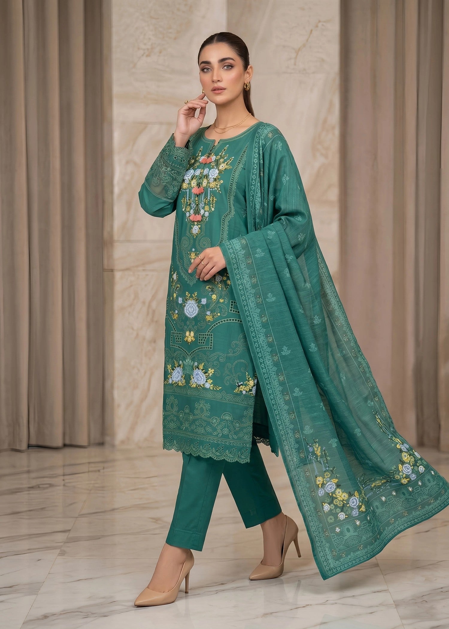 cotton linen Kurta Set in Bottle green