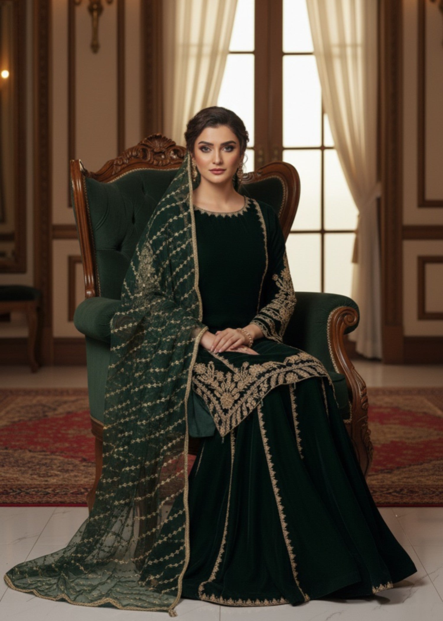velvet Sharara in Bottle green