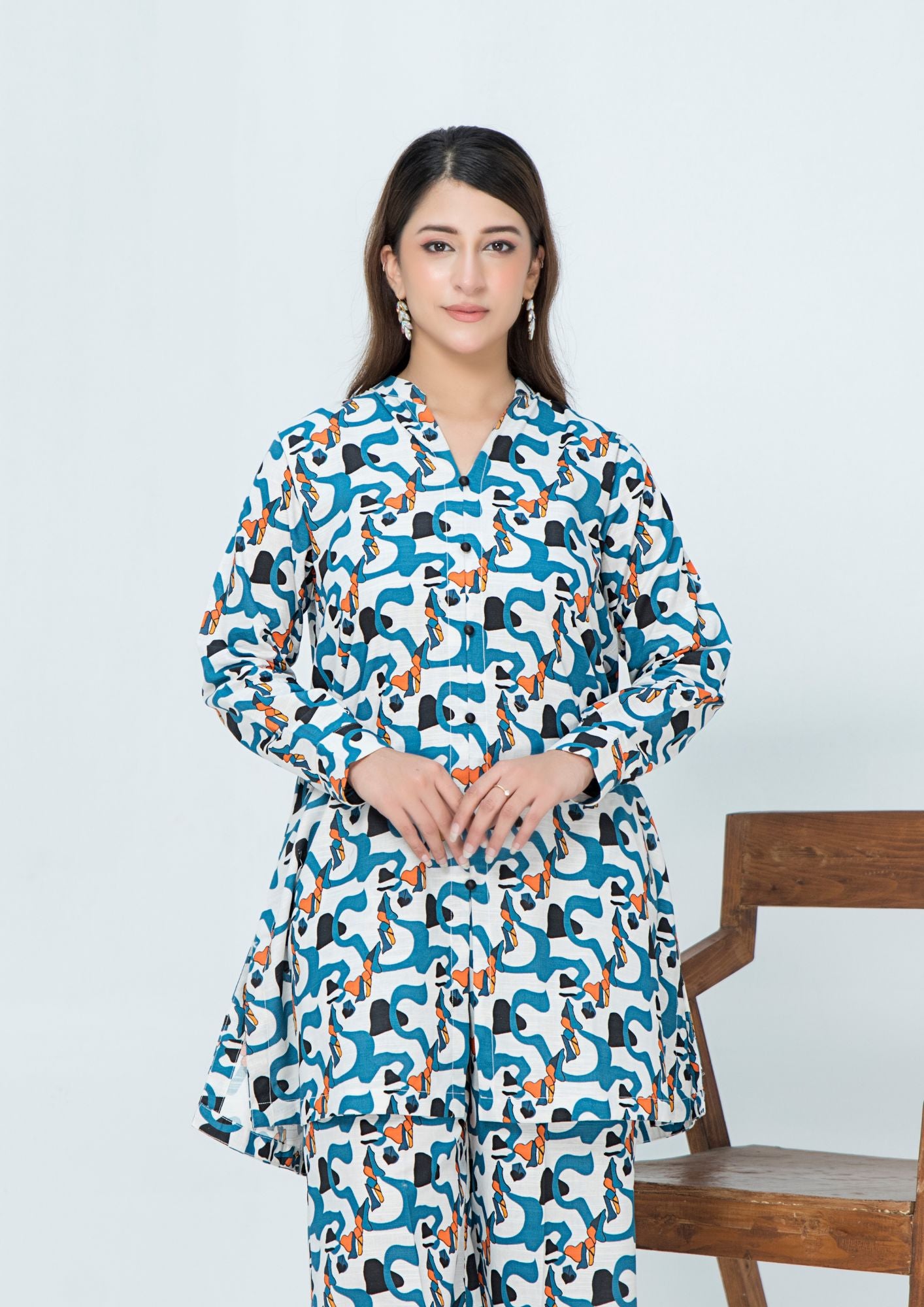 khaddar Short Frock in White, blue