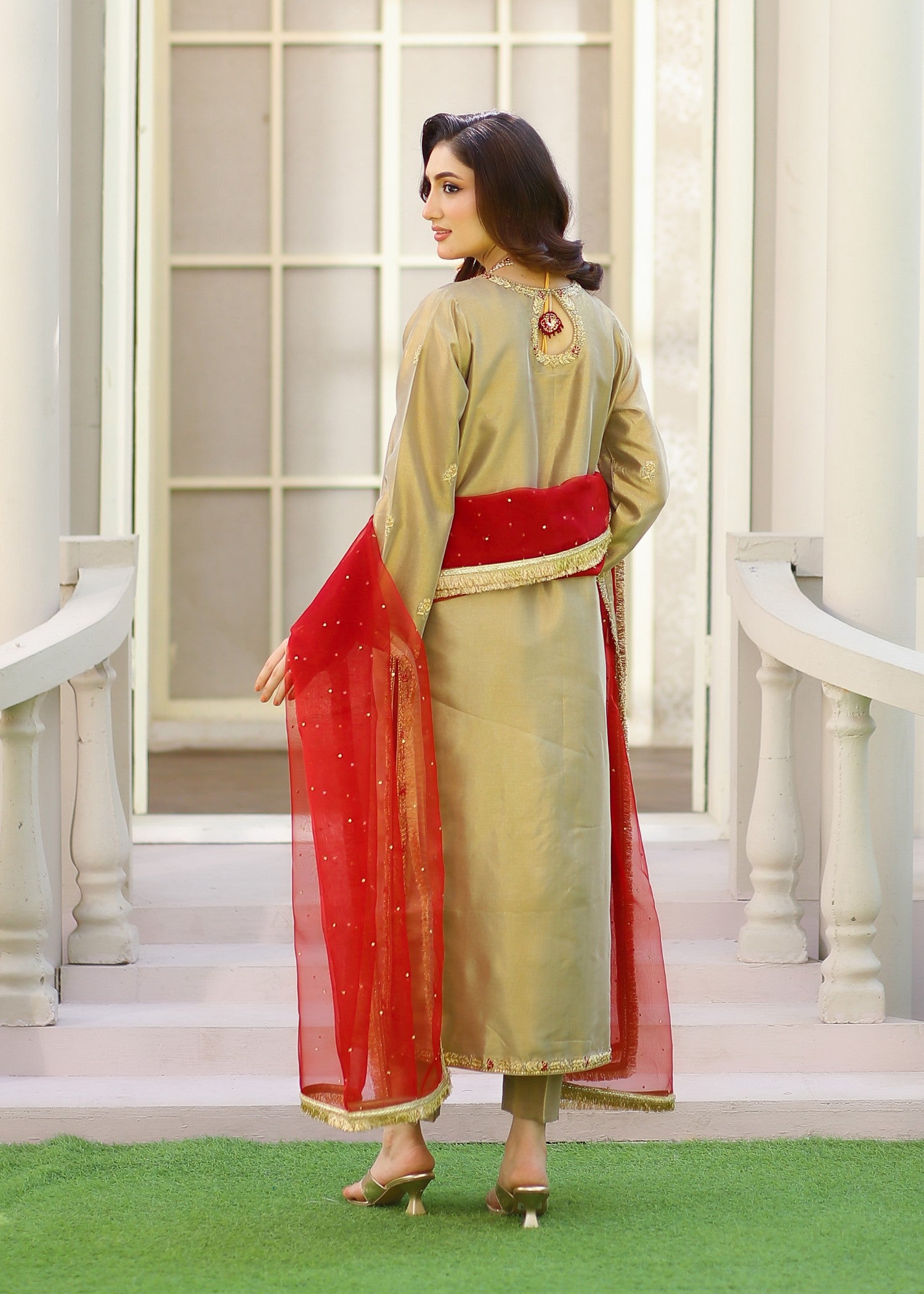 silk tissue Kurta Set in Mari gold