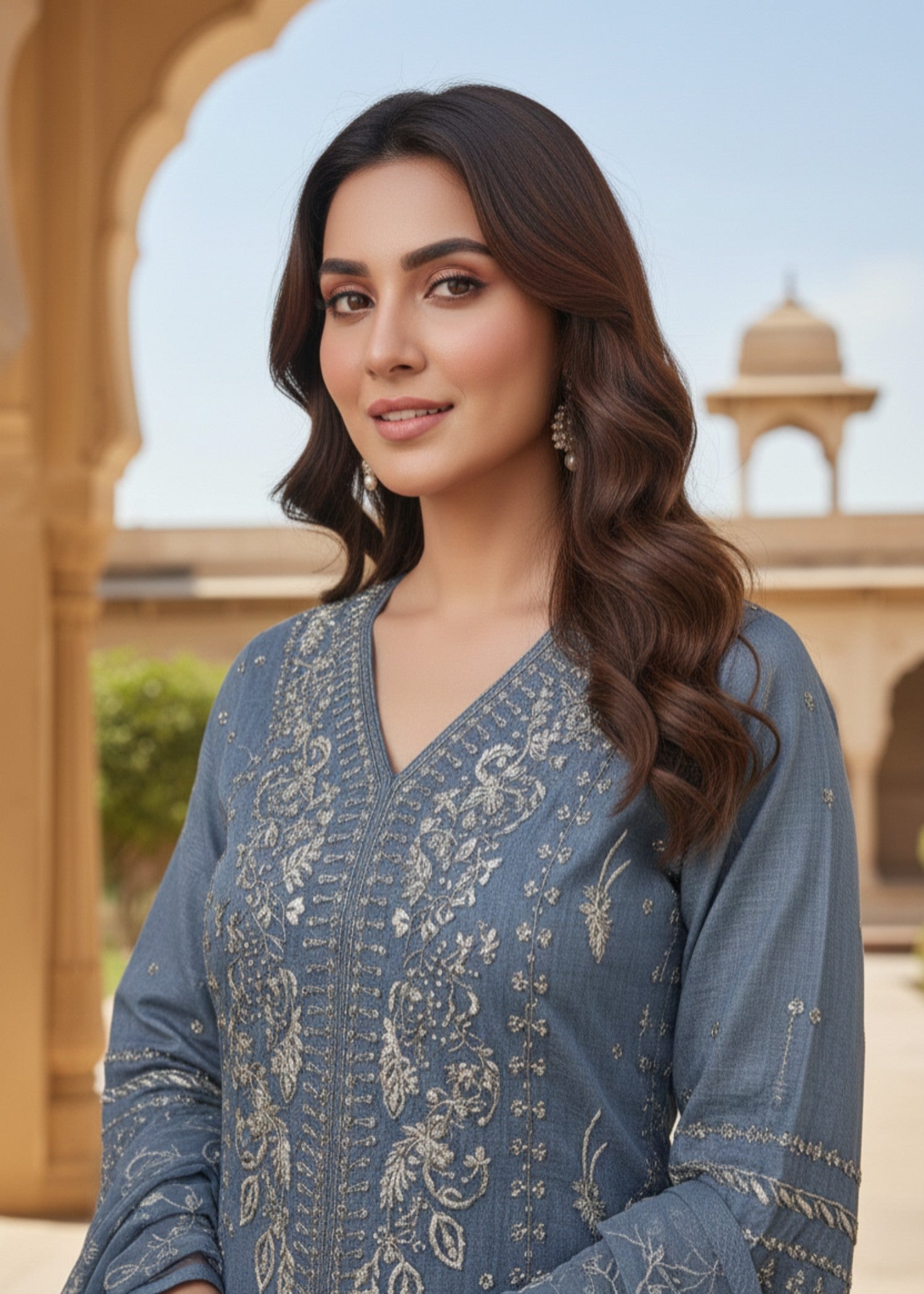 organza net Kurta Set in Steel blue