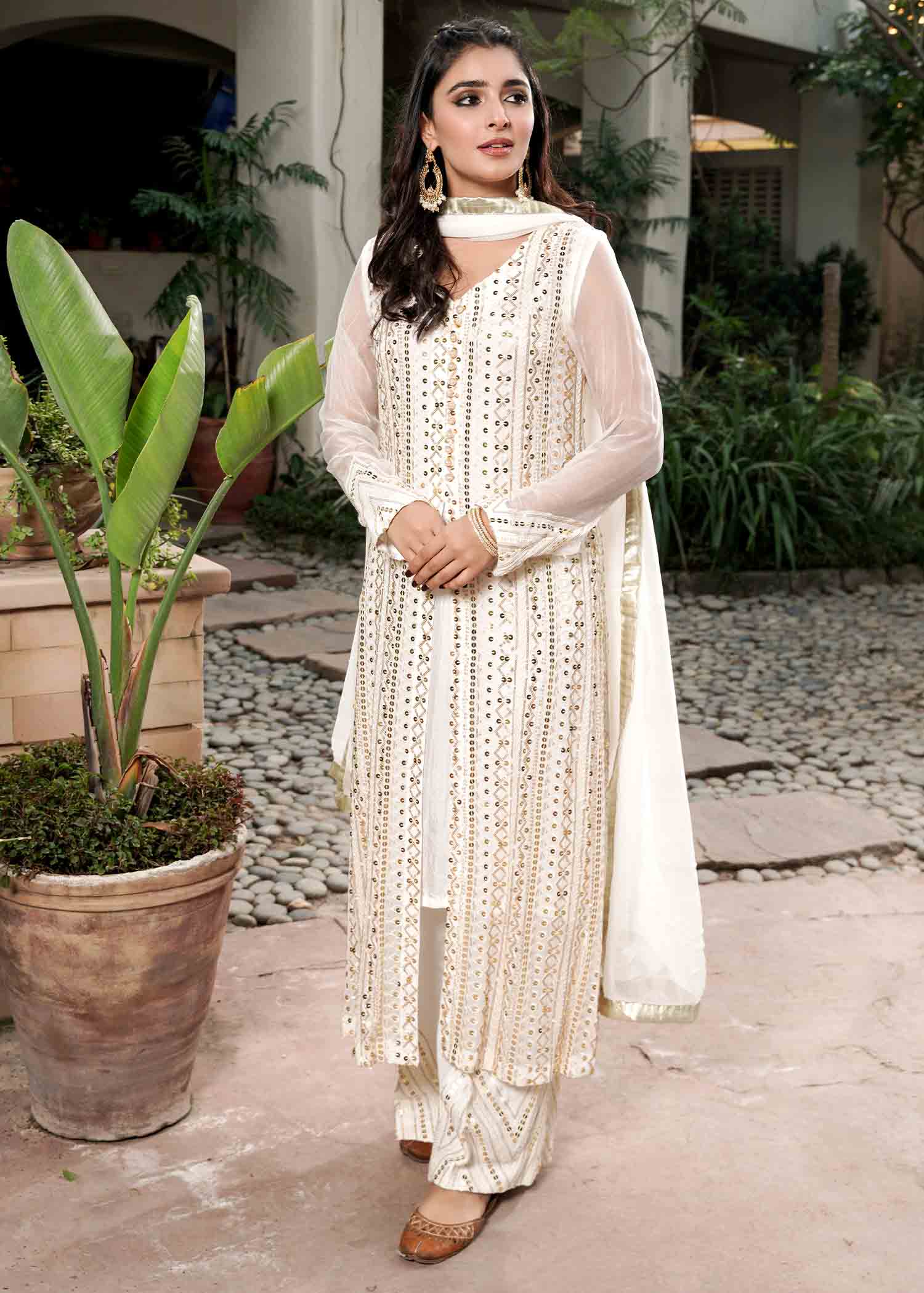 chikankari cotton Gown in White
