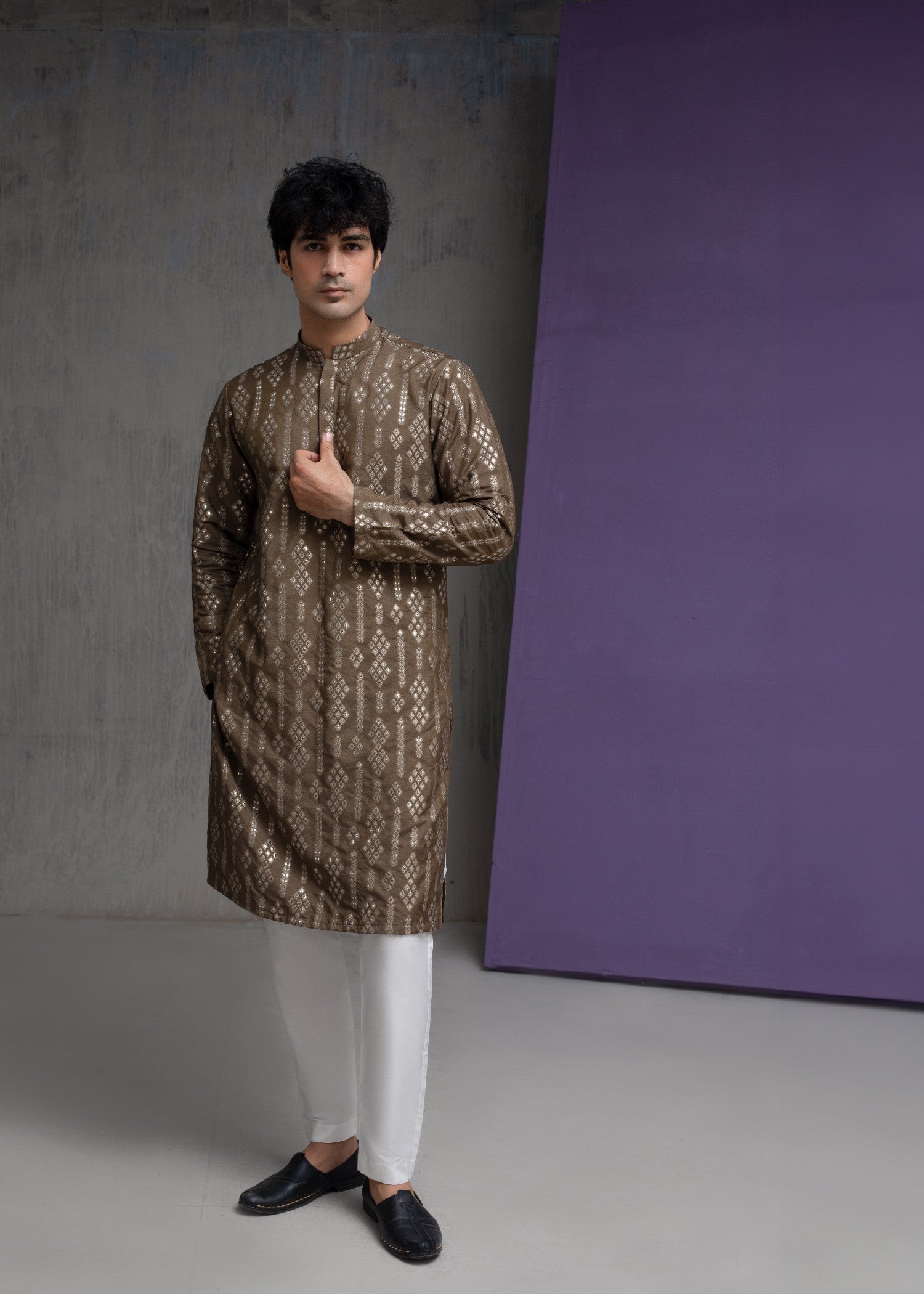 cotton silk Kurta Set in Chocolate brown, gold by House Of Arsalan Iqbal