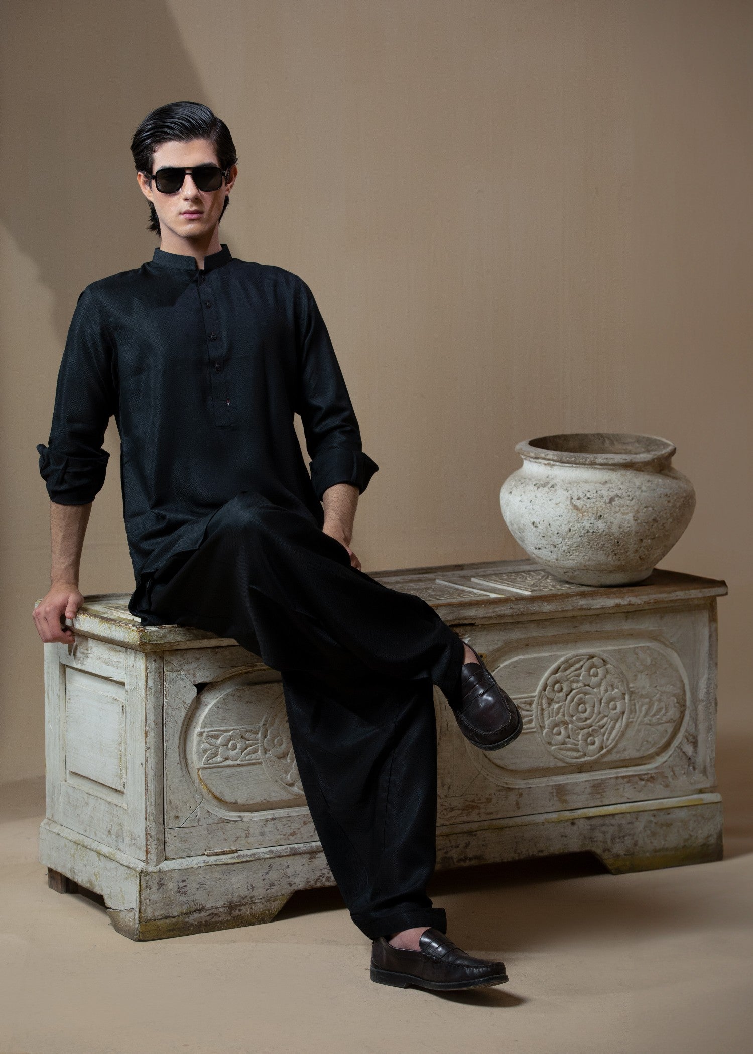 textured wash & wear Shalwar Kameez in Black