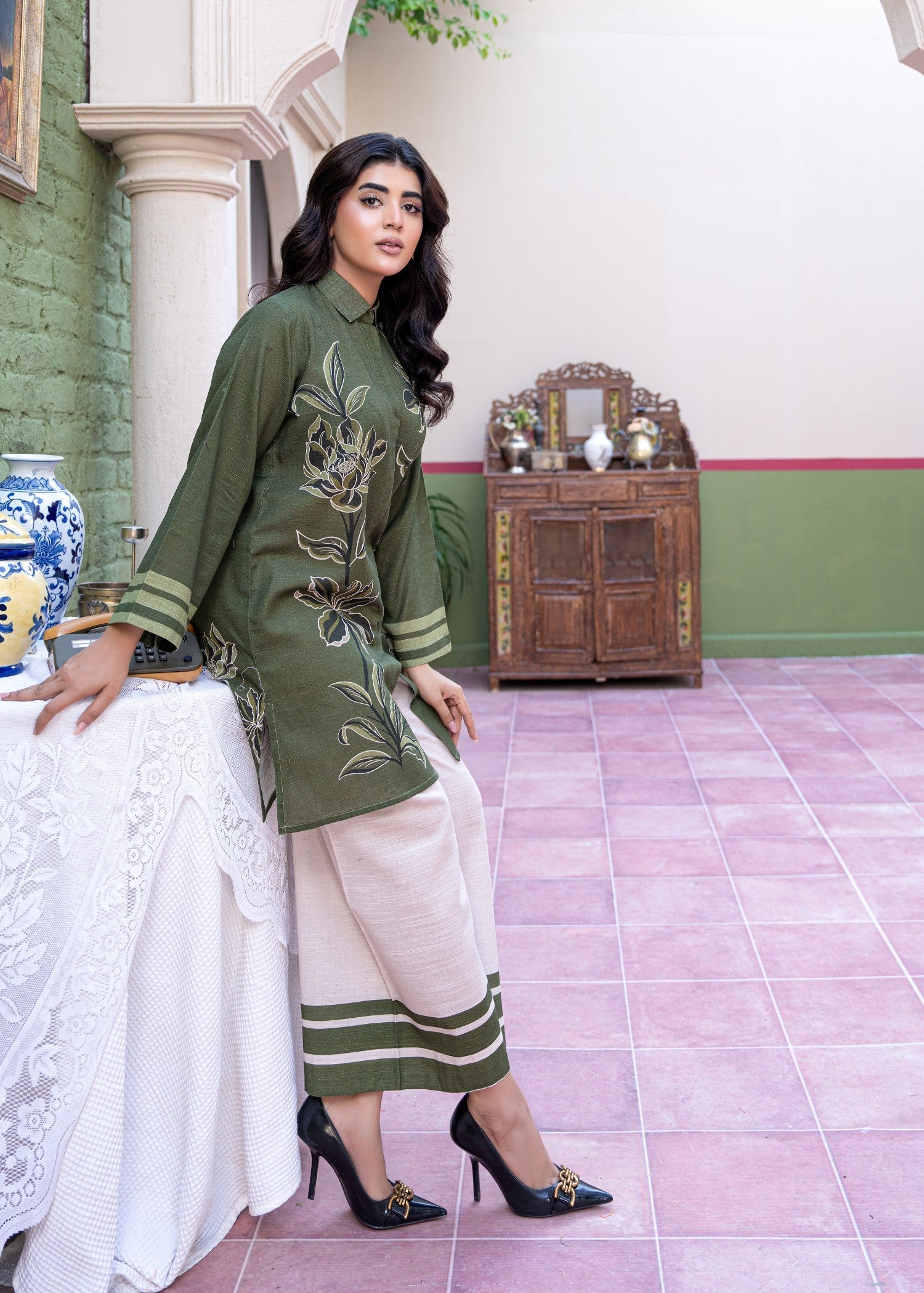 khaddar Co Ord Sets in Avocado green