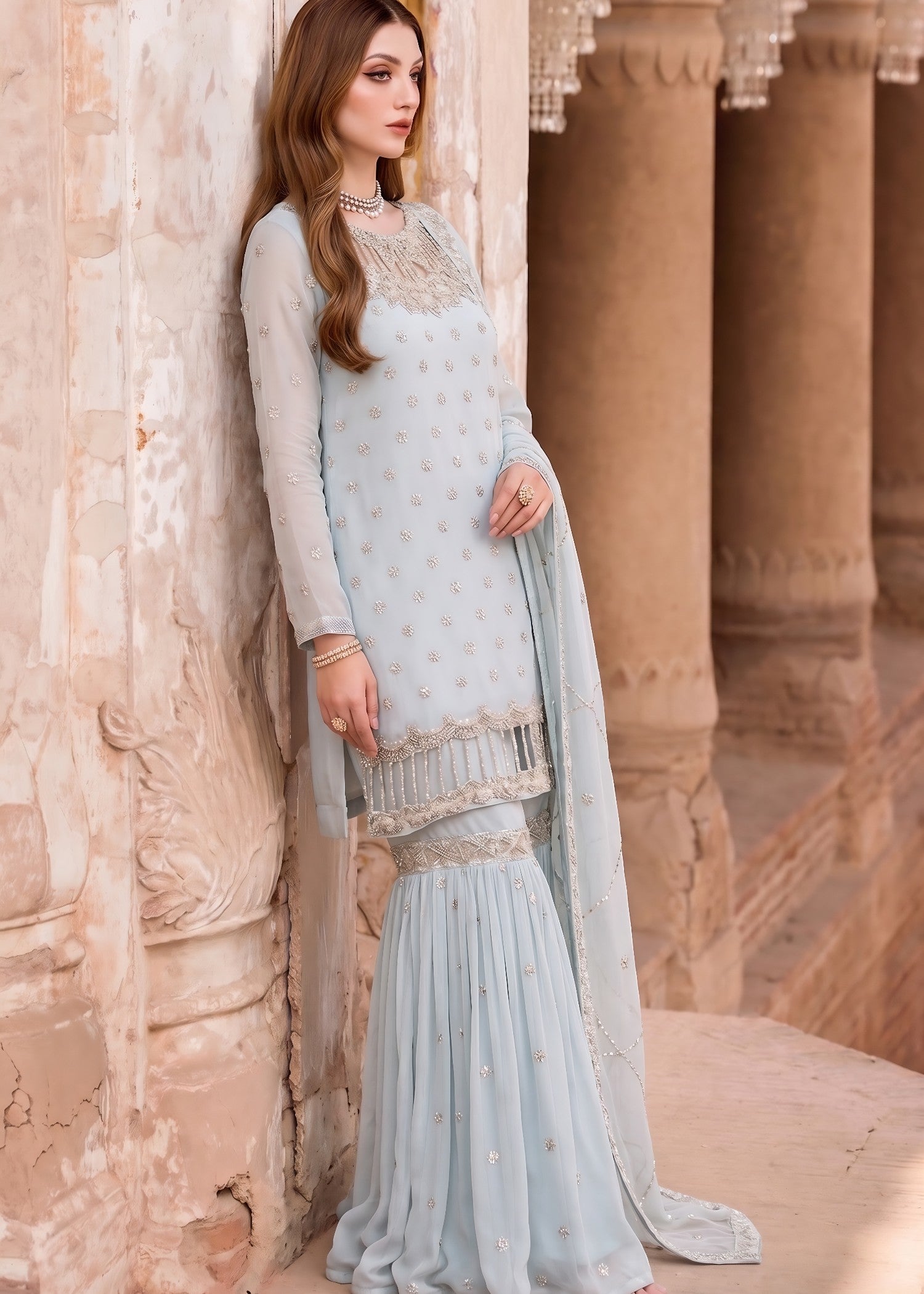 bemberg crinkle chiffon Gharara in Light blue