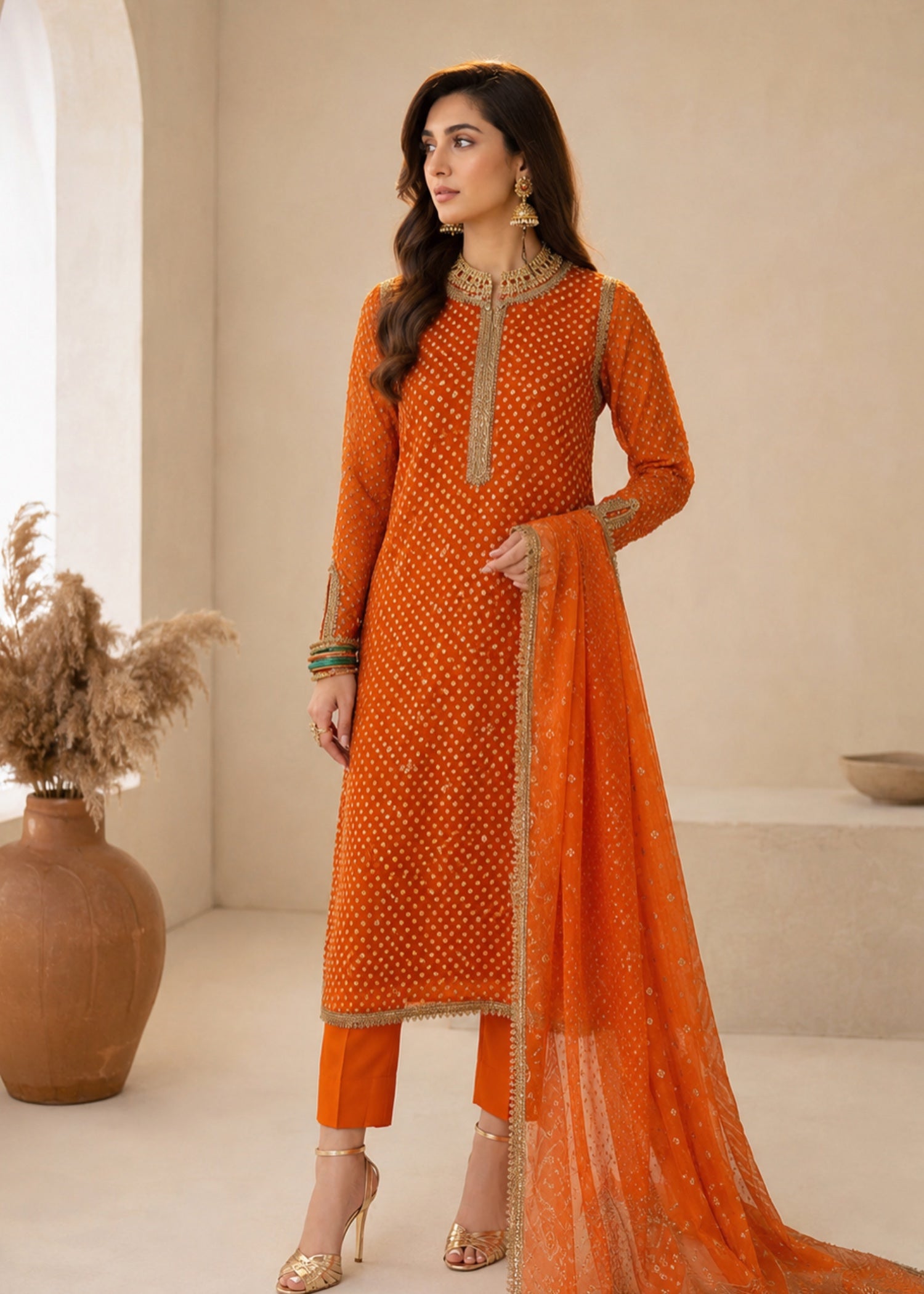 swiss lawn Kurta Set in Rust orange, orange