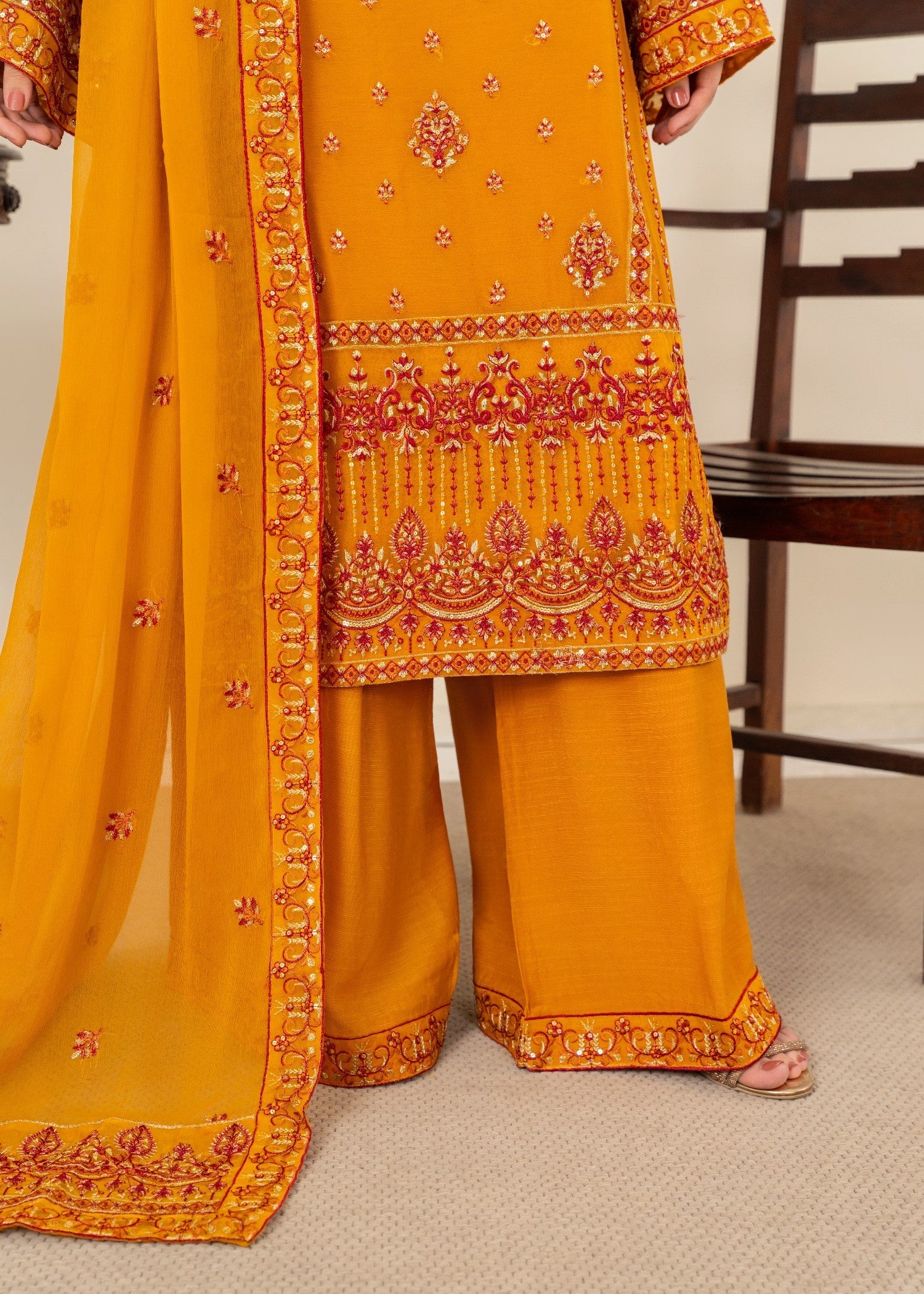 chiffon Kurta Set in Pumpkin orange