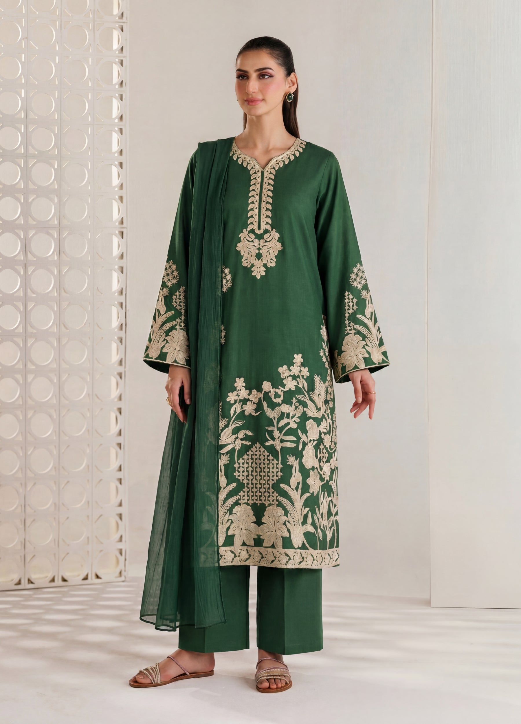 linen Kurta Set in Jade green