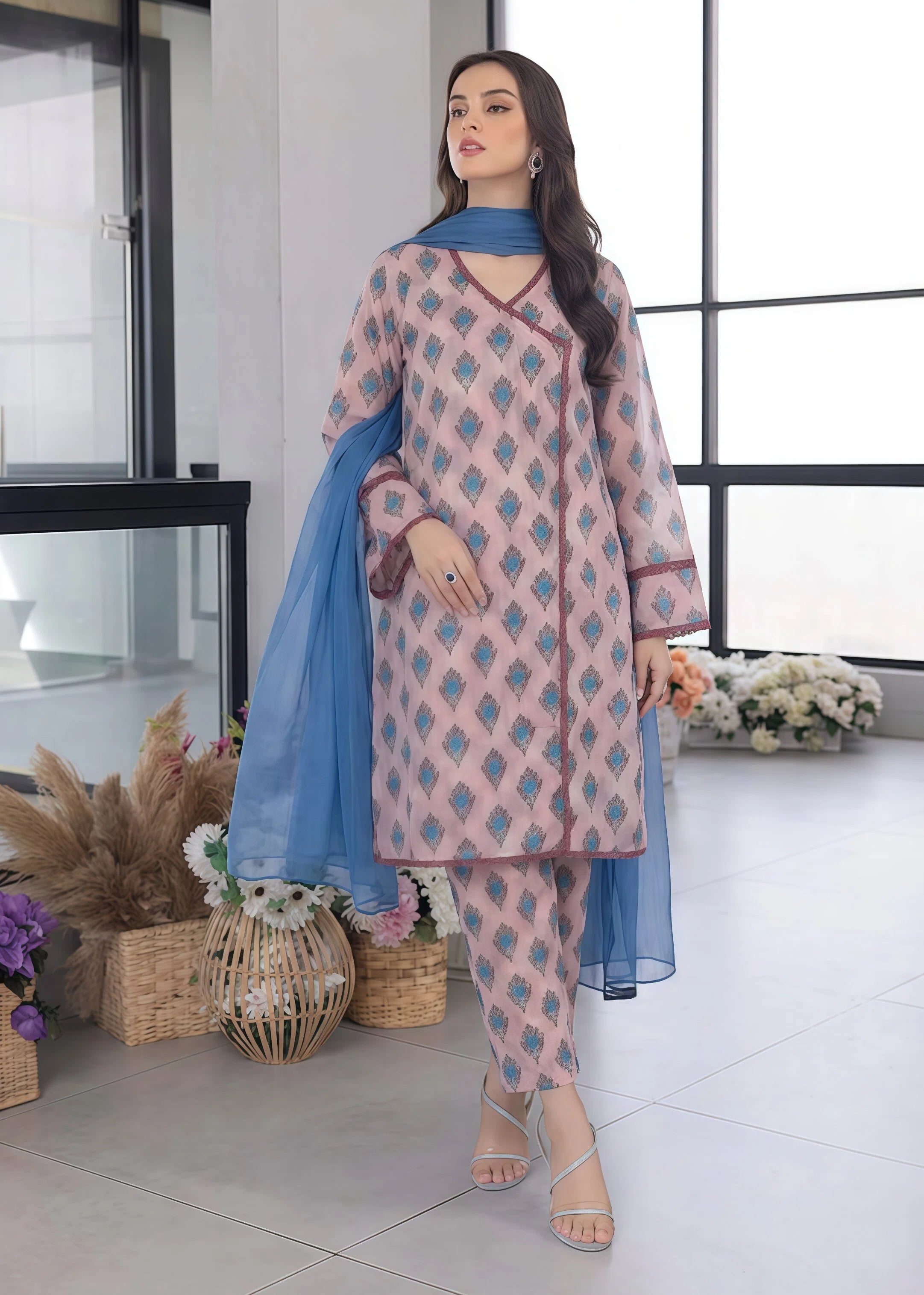lawn Angrakha in Orchid pink