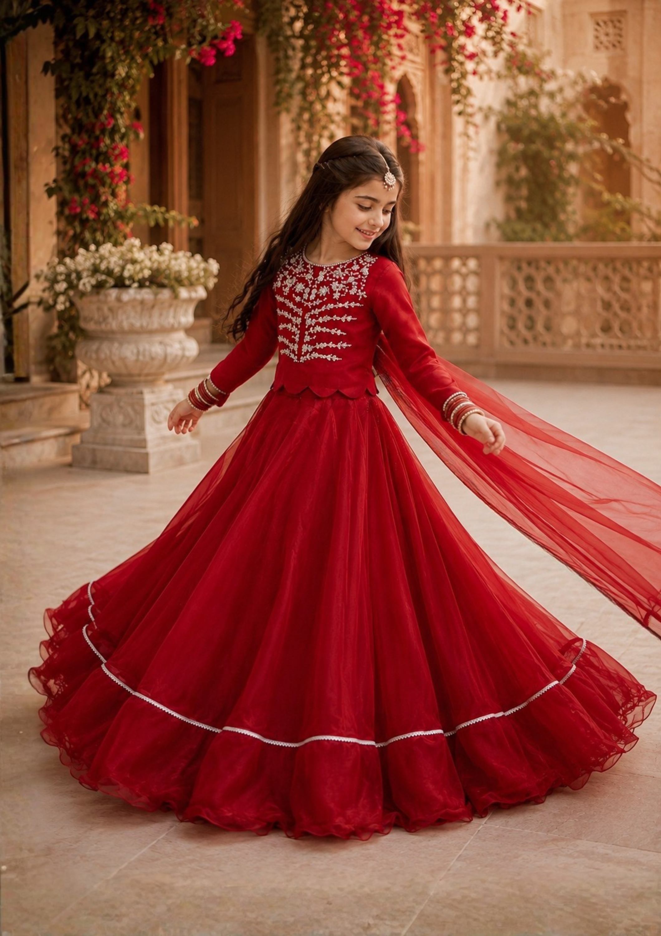 tissue silk Lehenga in Fire red
