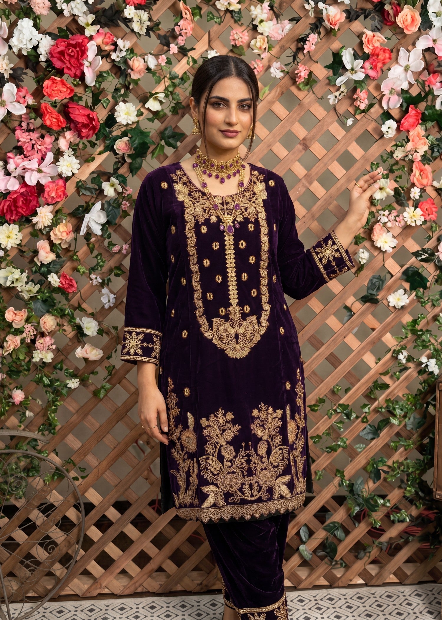 velvet Kurta Set in Purple