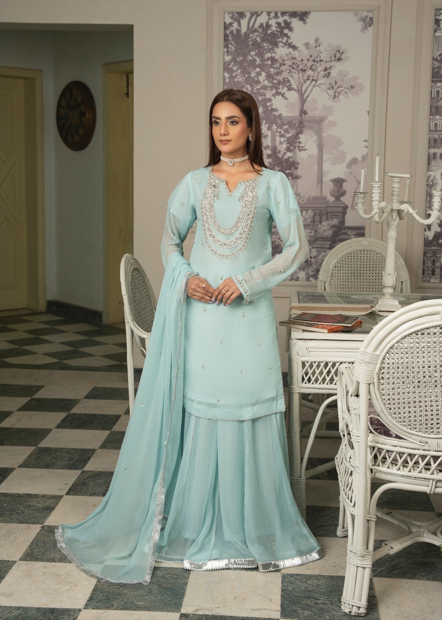 crinkle chiffon Sharara in Ice blue