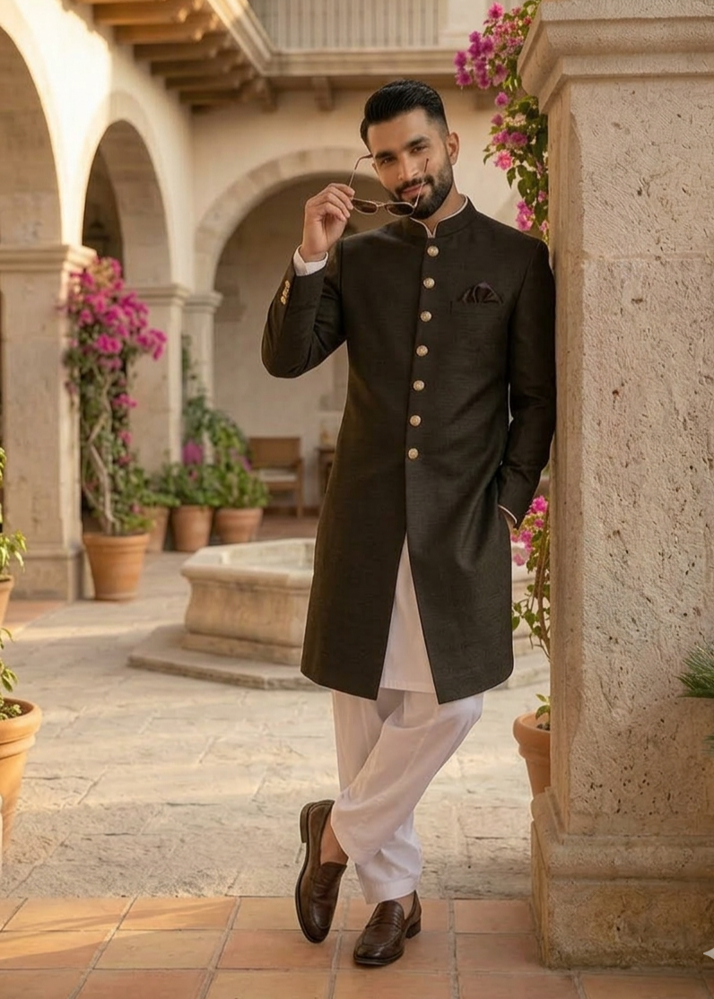 jamawar jacquard Sherwani in Army green