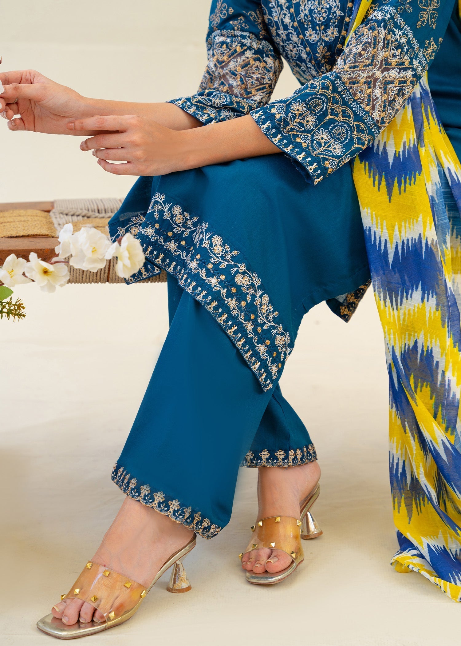 cambric Kurta Set in Teal