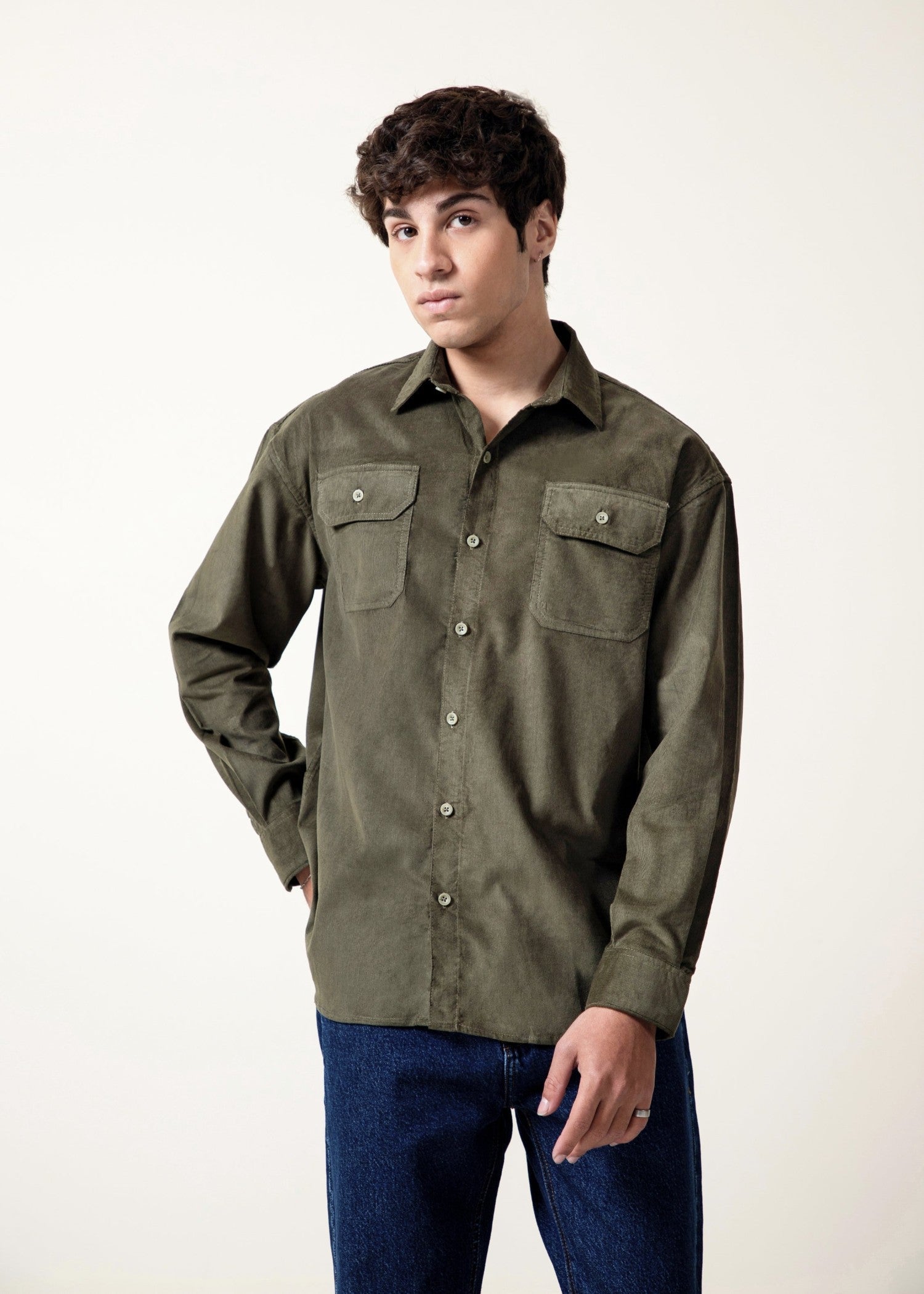 corduroy Casual Shirt in Olive green