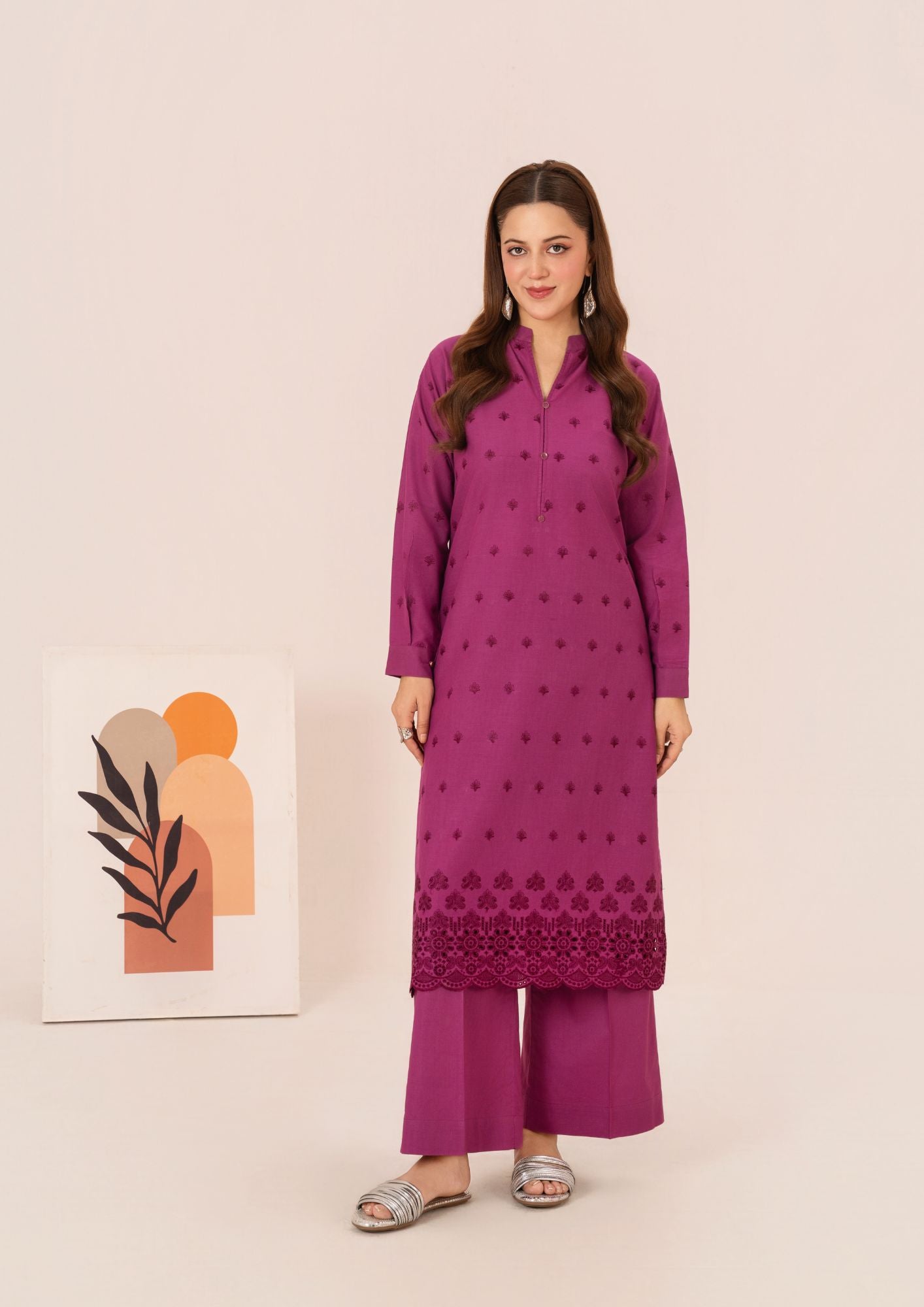 cambric Kurta Set in Magenta haze