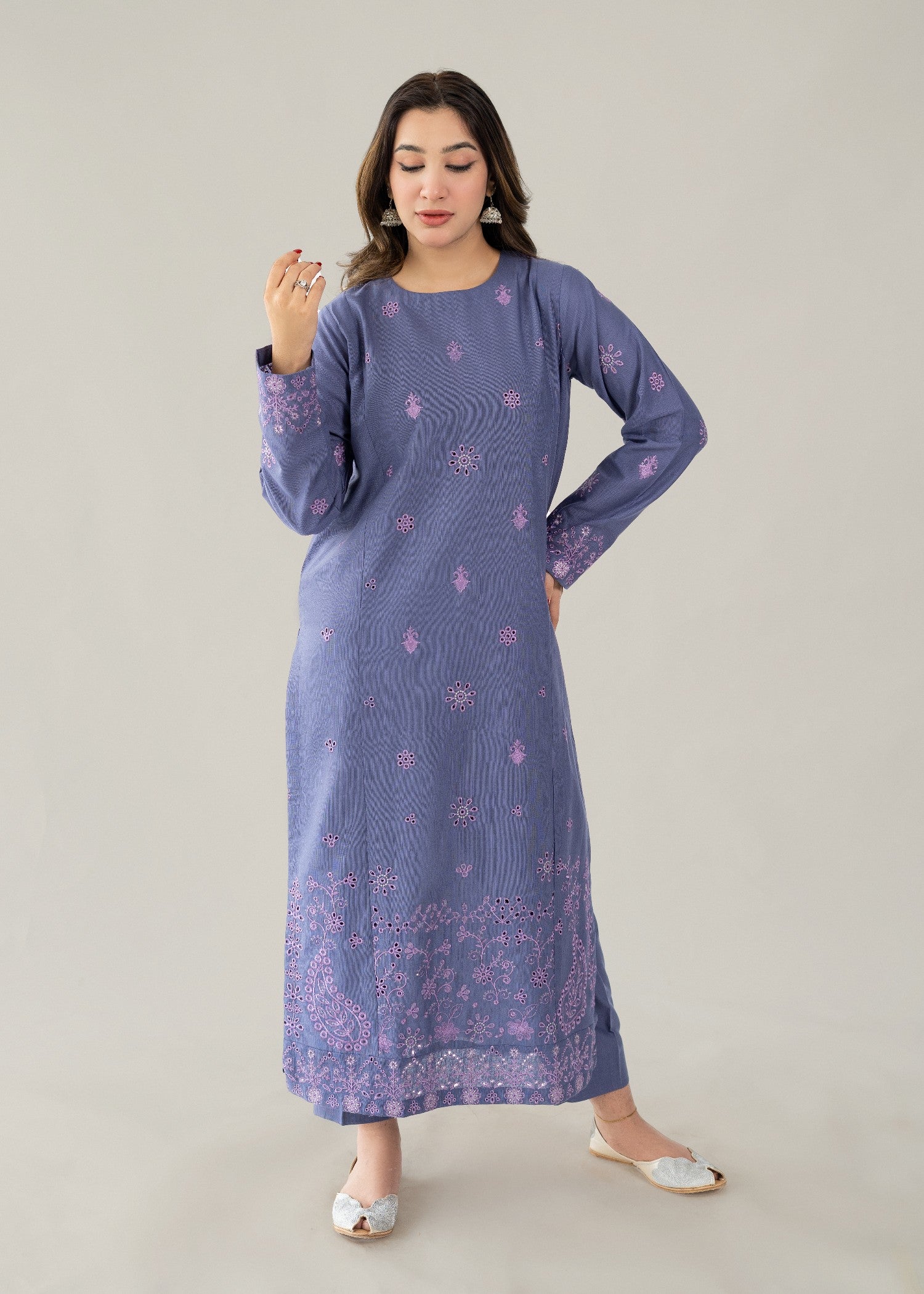 slub khaddar Kurta Set in Royal purple