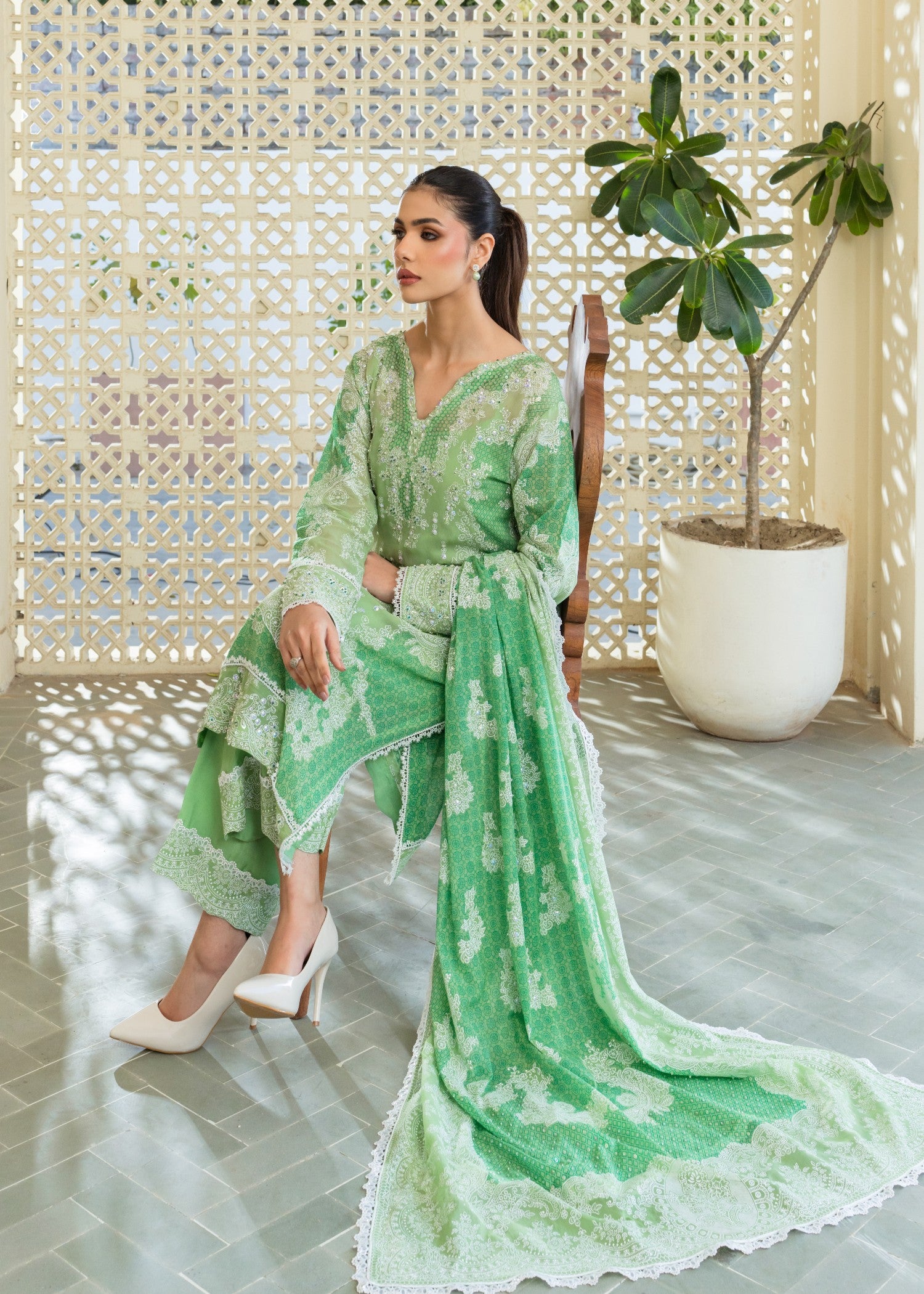 smoky georgette Unstitched in Moss green