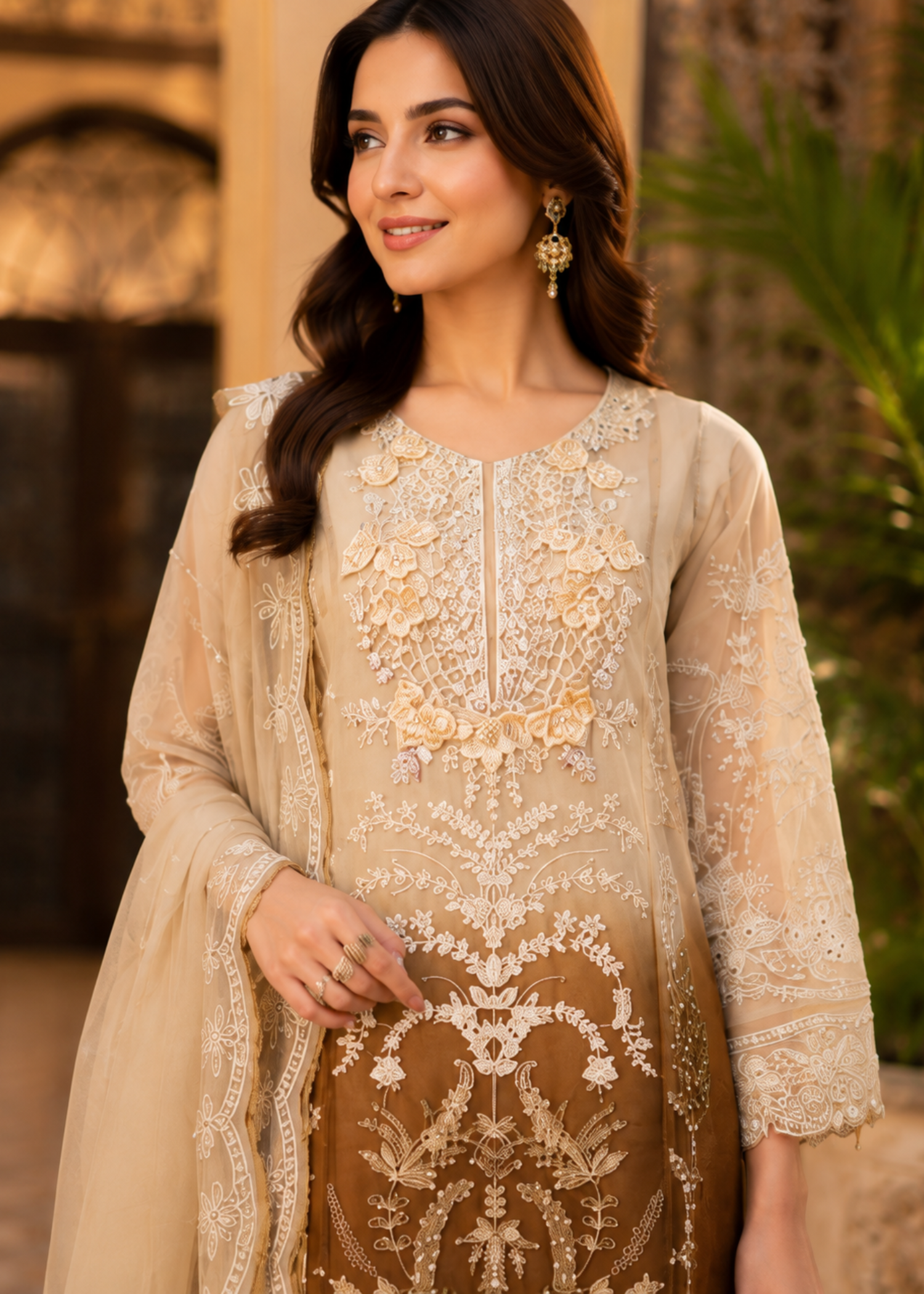 chiffon Kurta Set in Coffee brown, buttercream