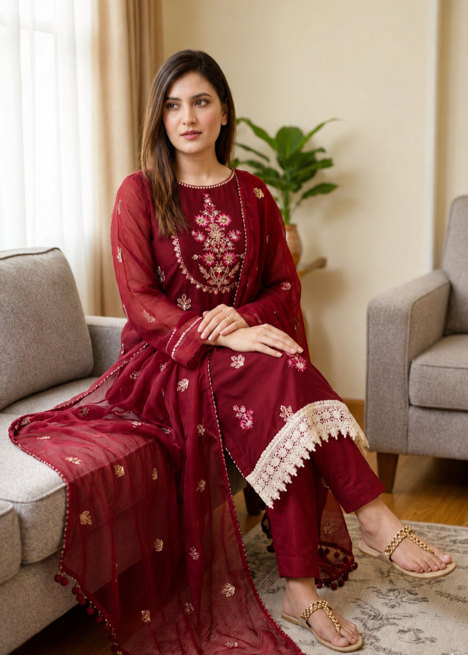 chiffon Kurta Set in Maroon
