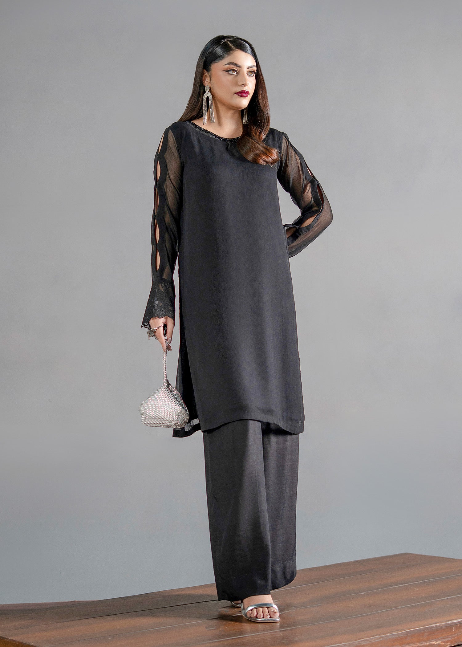 chiffon Kurta Set in Black