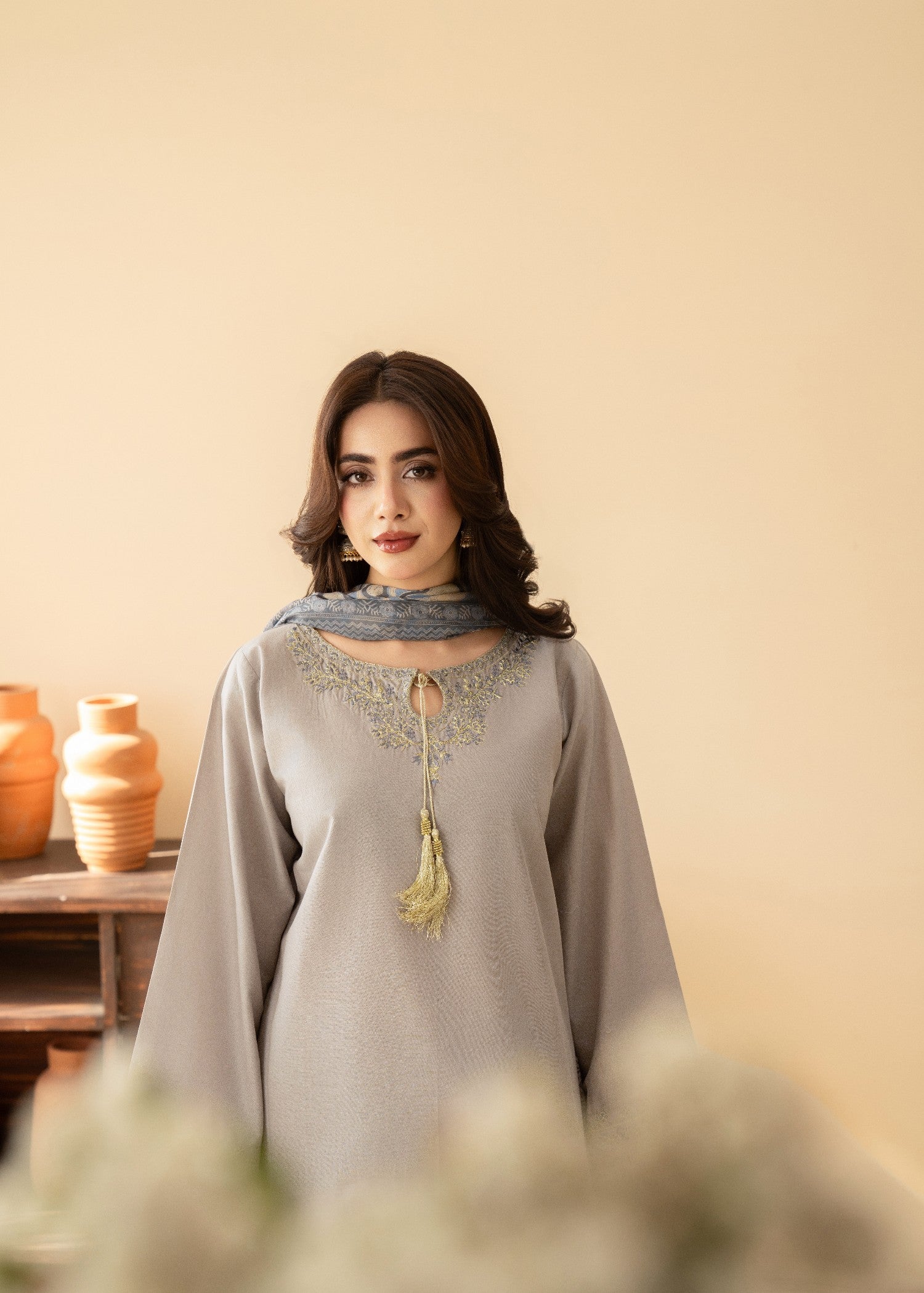 lawn cotton Kurta Set in Light grey