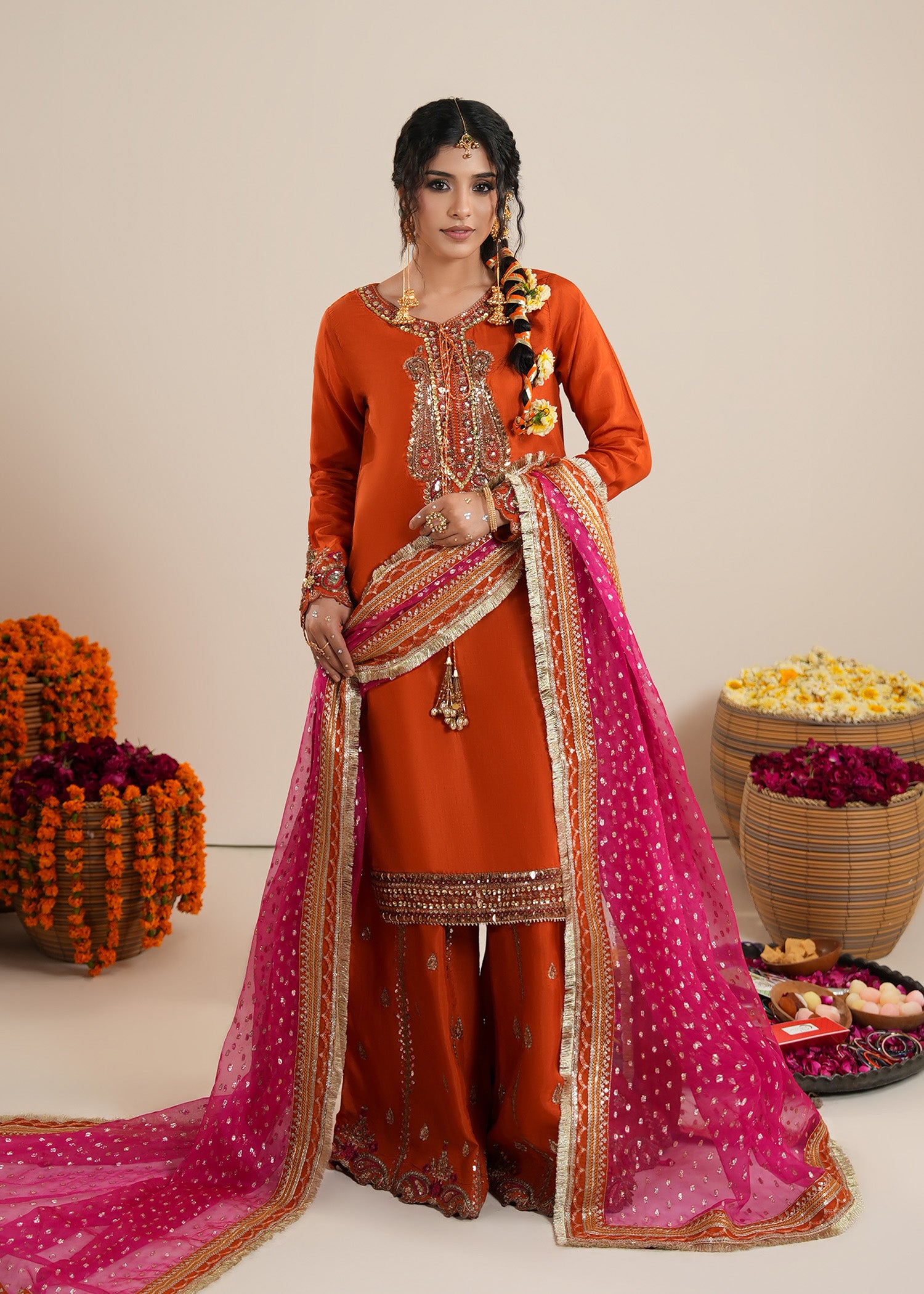 raw silk Sharara in Rust orange