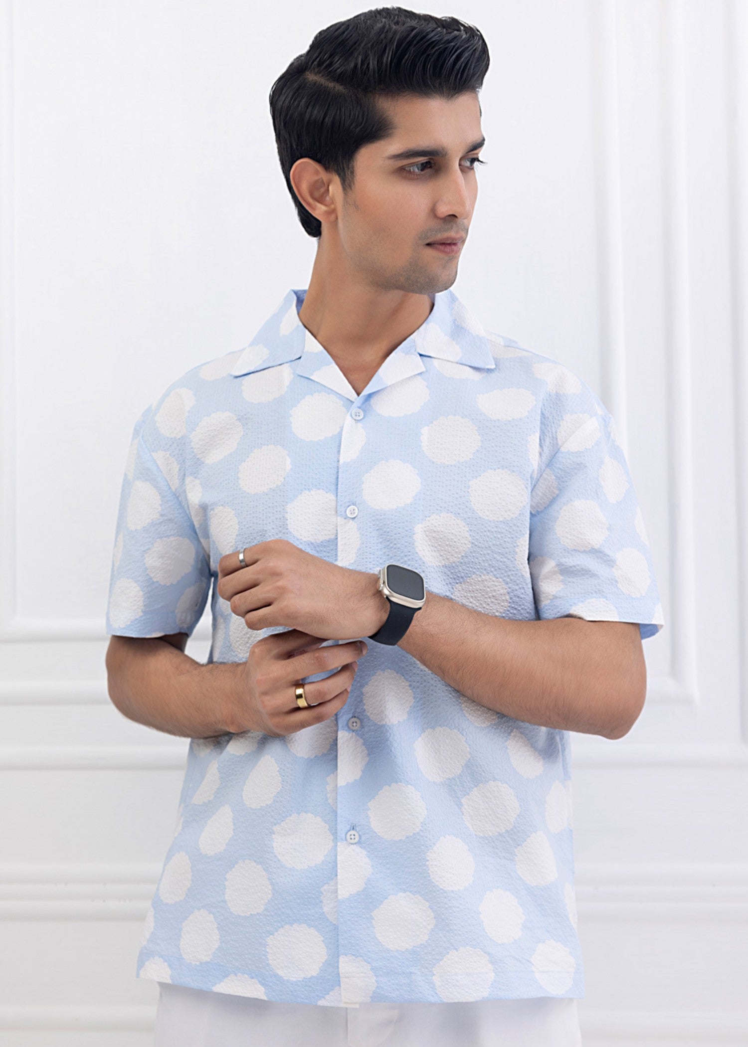 cotton Casual Shirt in Off-white, ice blue
