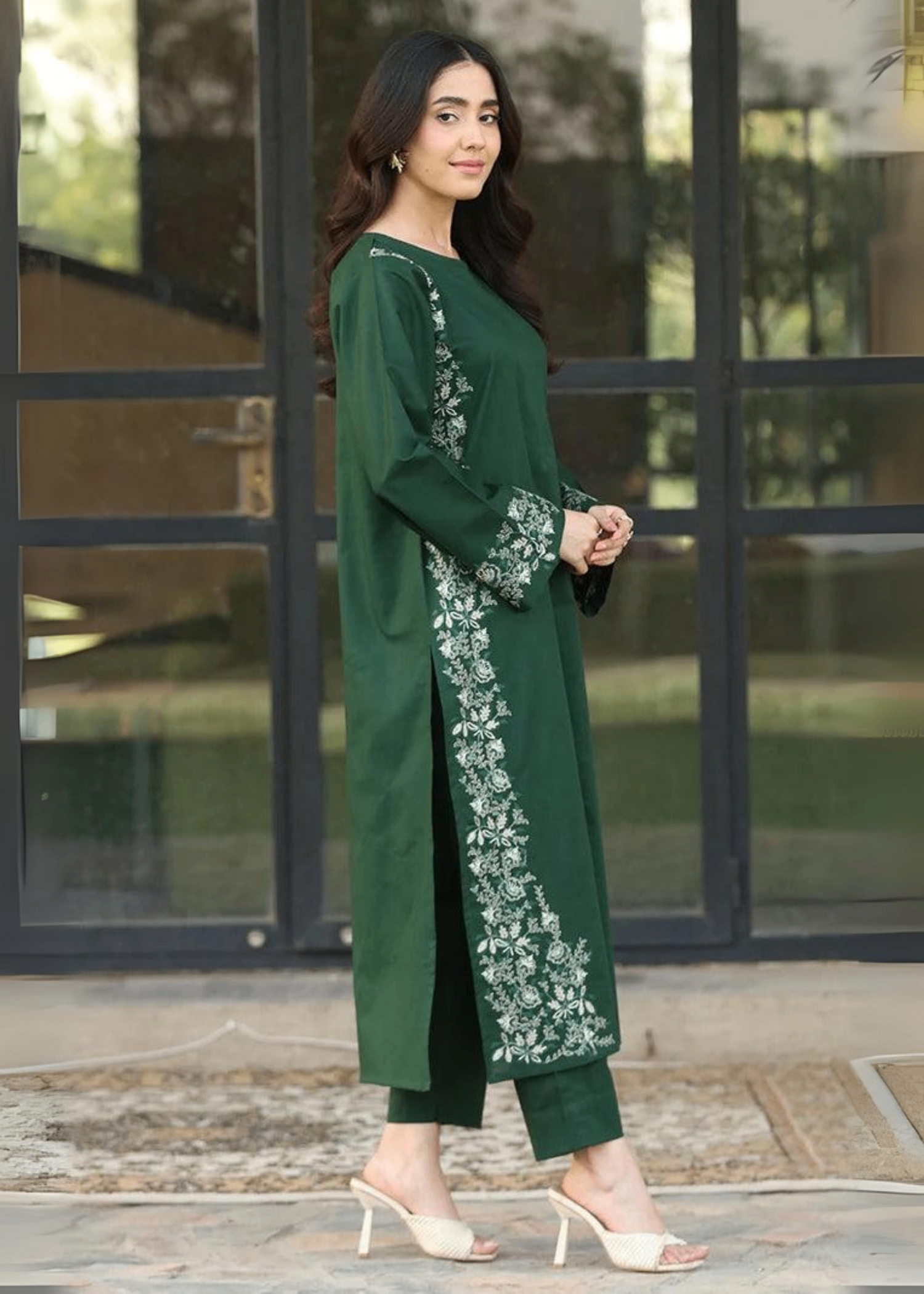 lawn cotton Kurta Set in Dark green