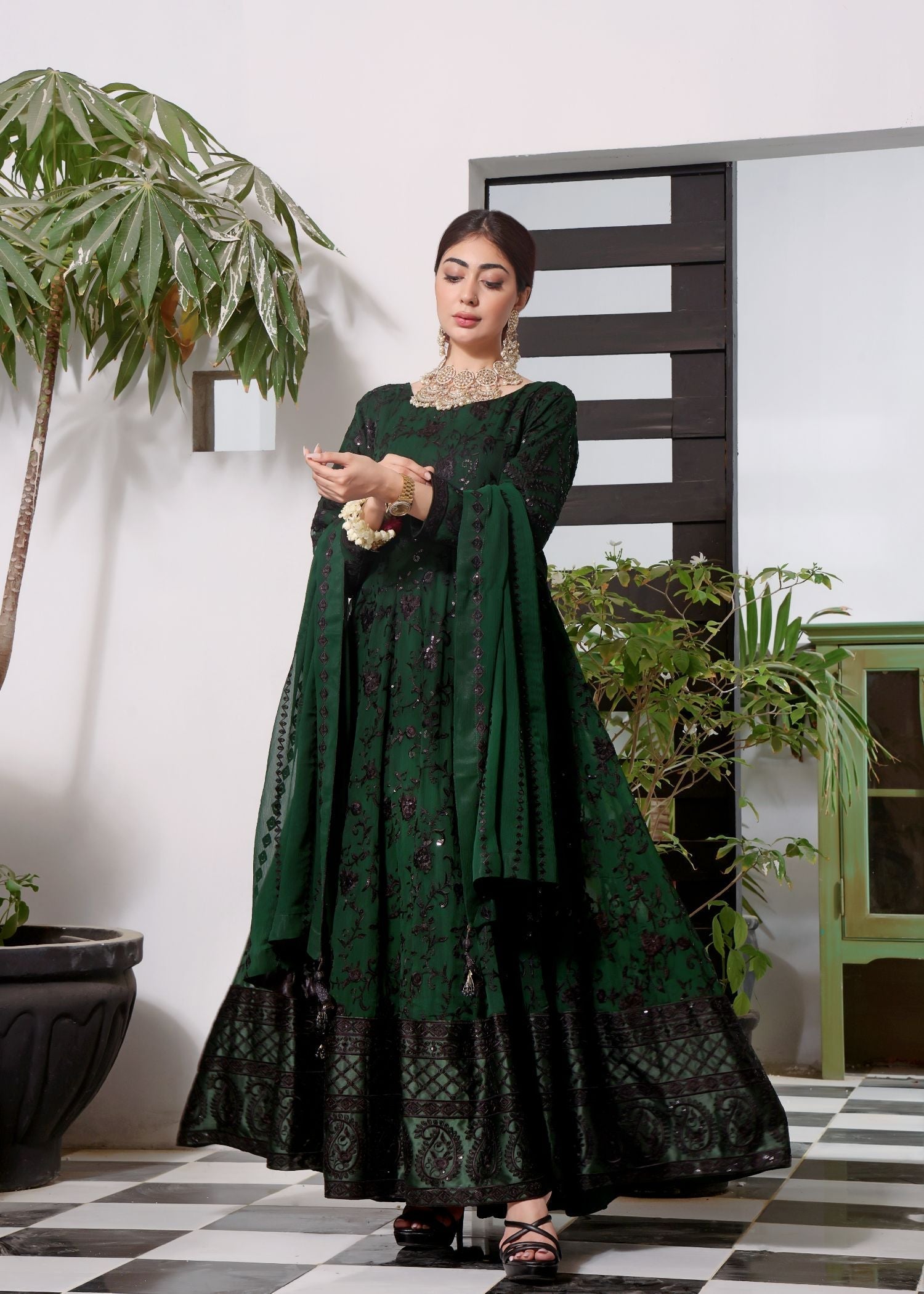 chiffon Pishwas in Green
