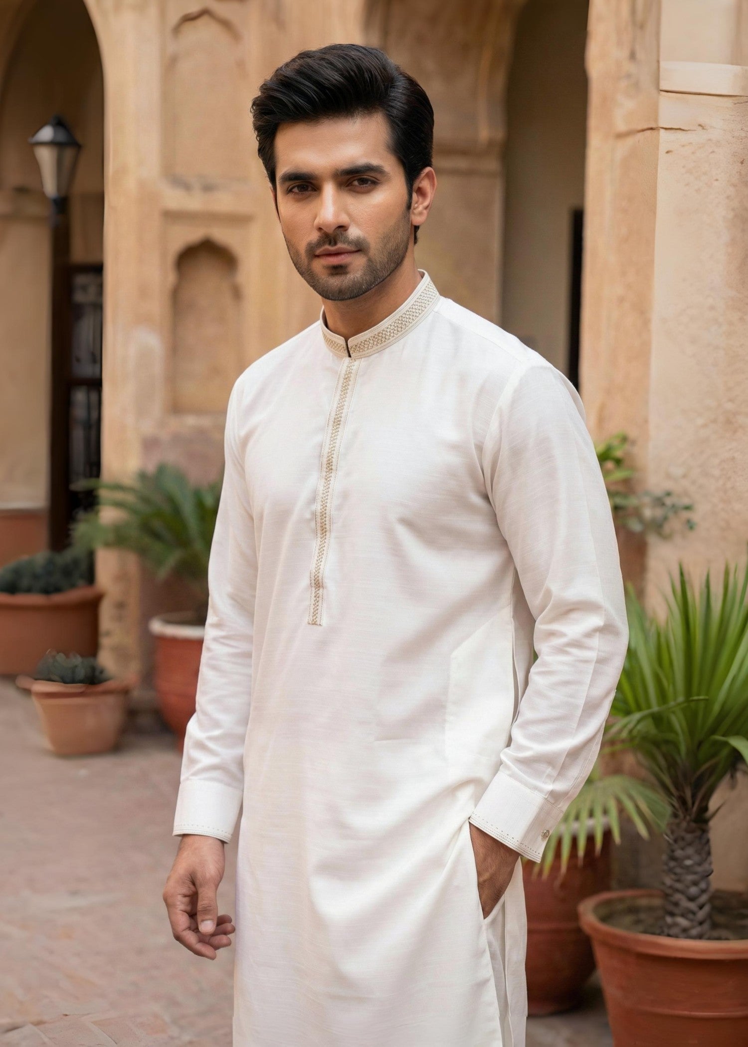 textured wash & wear Shalwar Kameez in Off-white