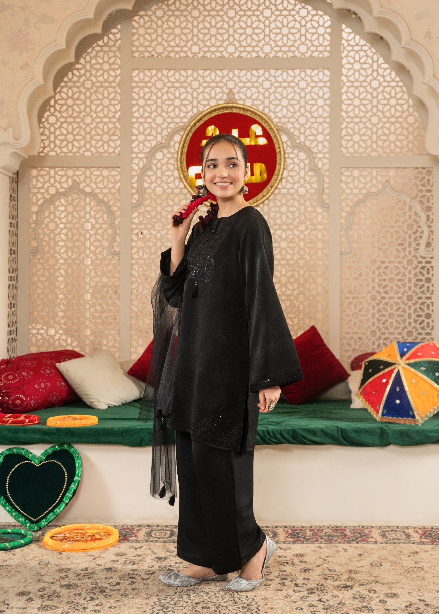 poly silk cotton net Kurta Set in Black