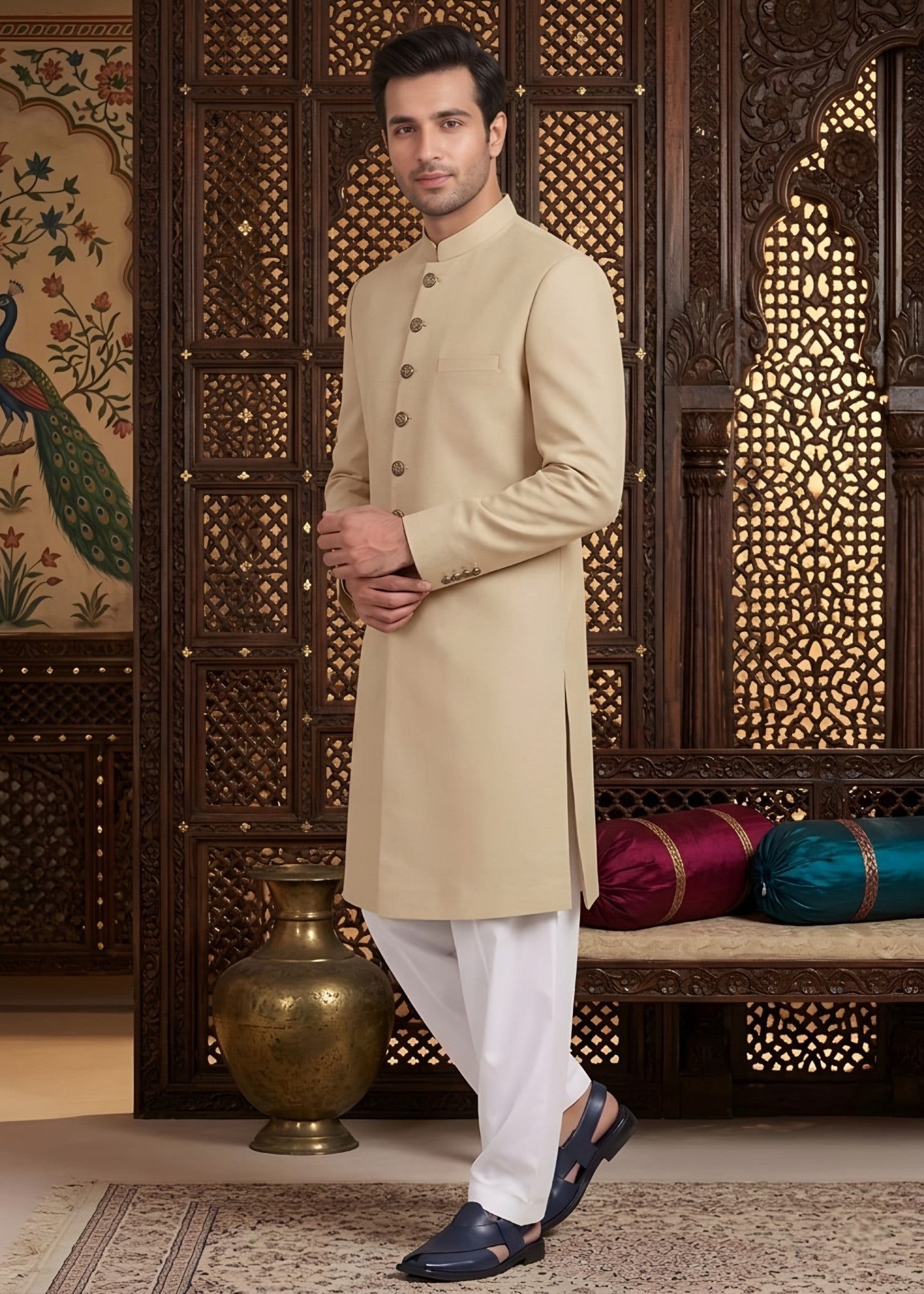 tropical Sherwani in Beige