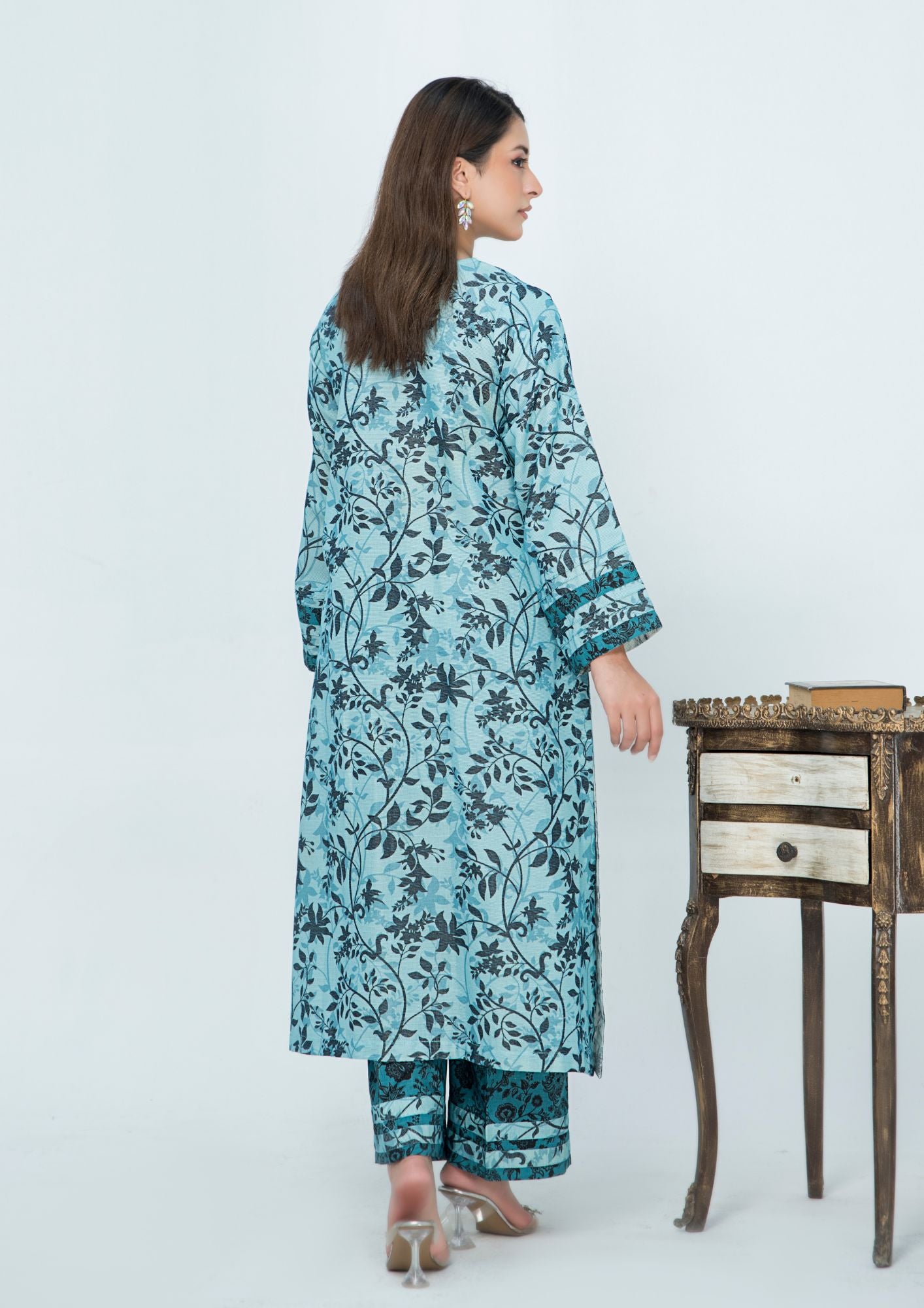 slub khaddar Kurta Set in Aquamarine