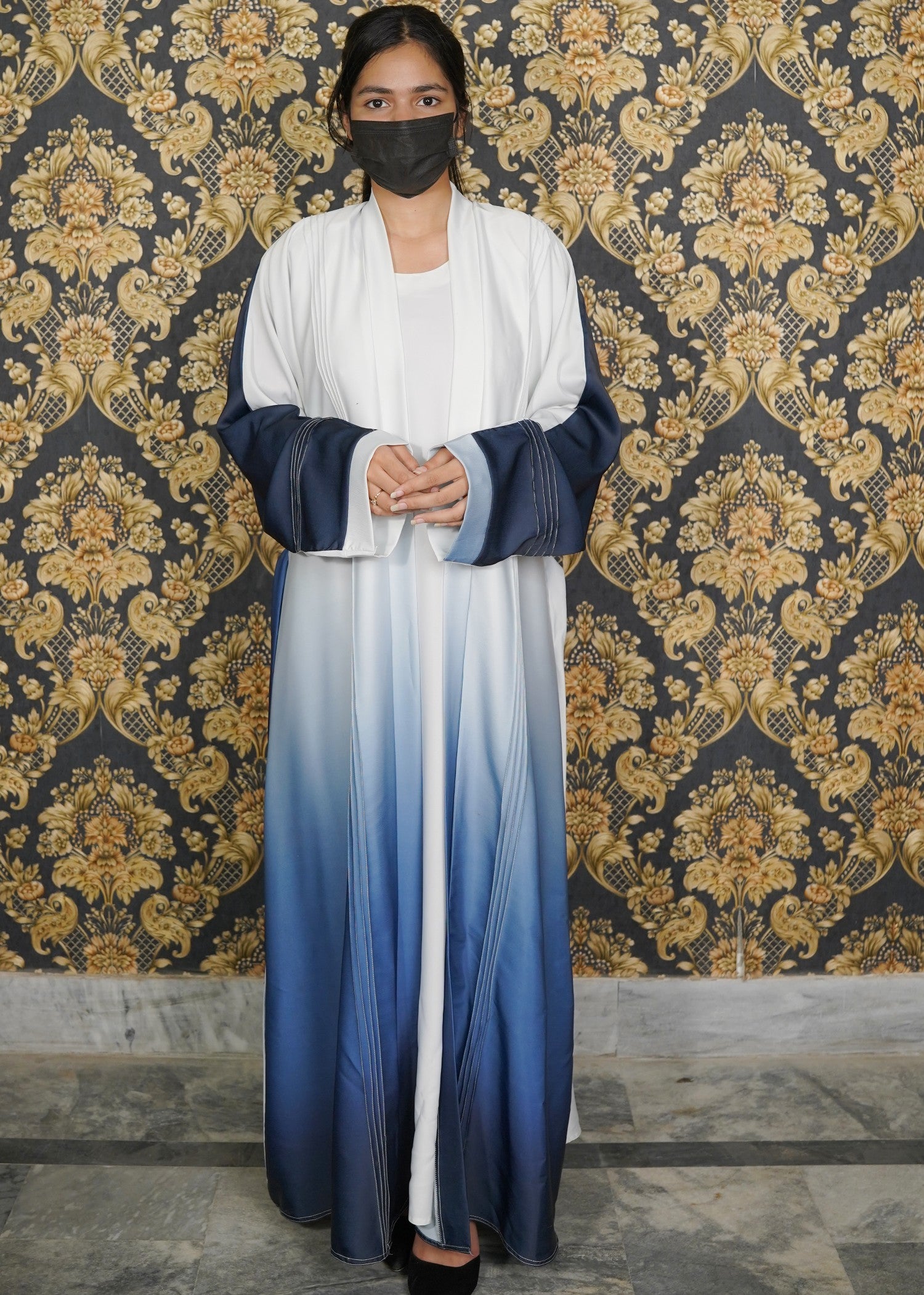 thai silk Abaya in Blue, white