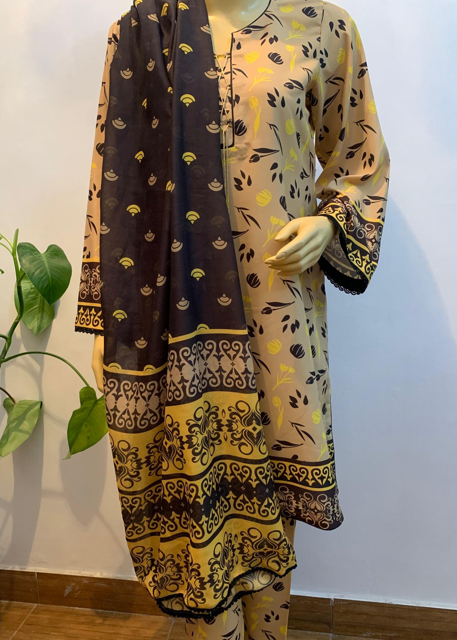 silk finish lawn Unstitched in Black, gold, mustard