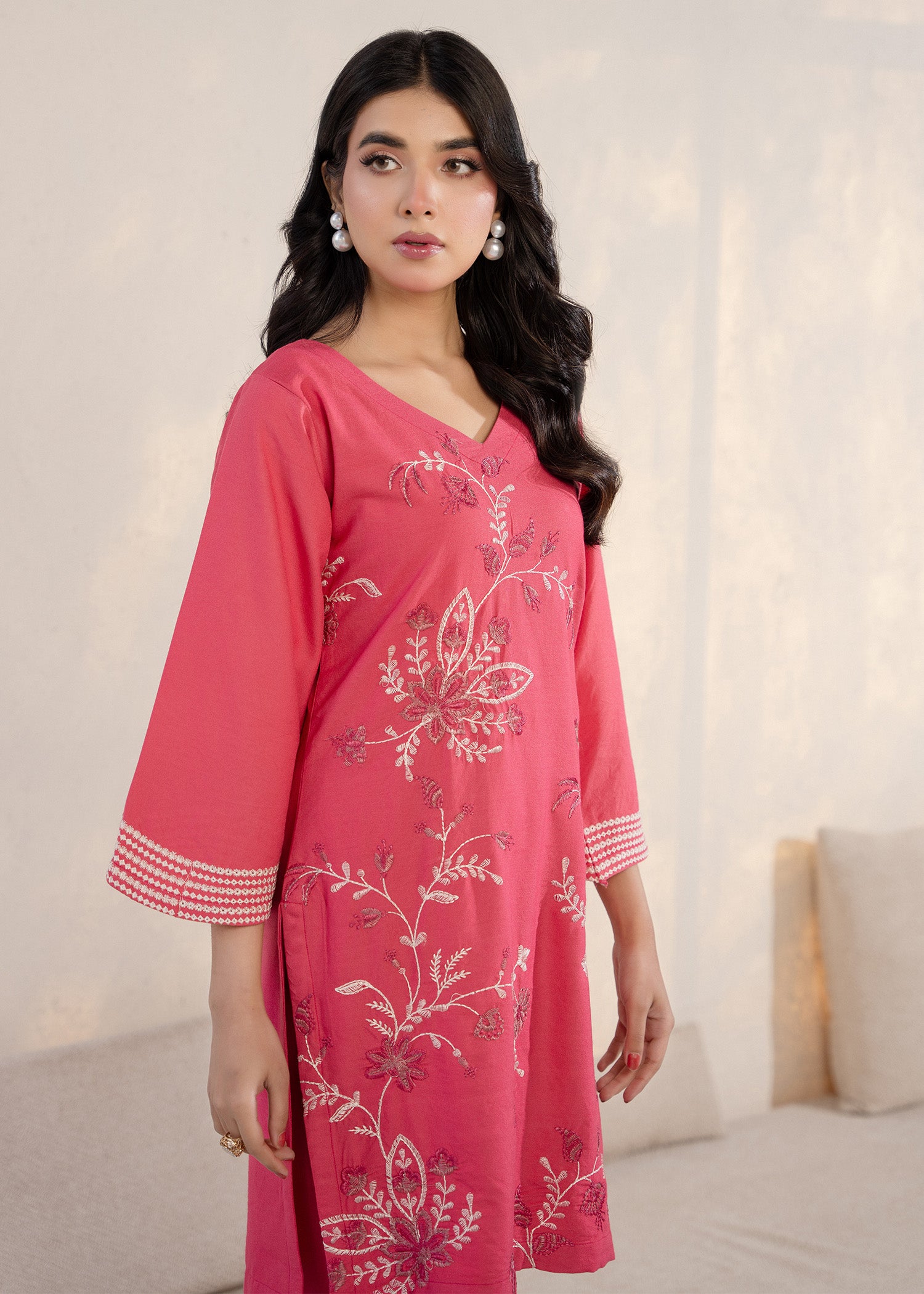 wool viscose Kurta Set in Shocking pink