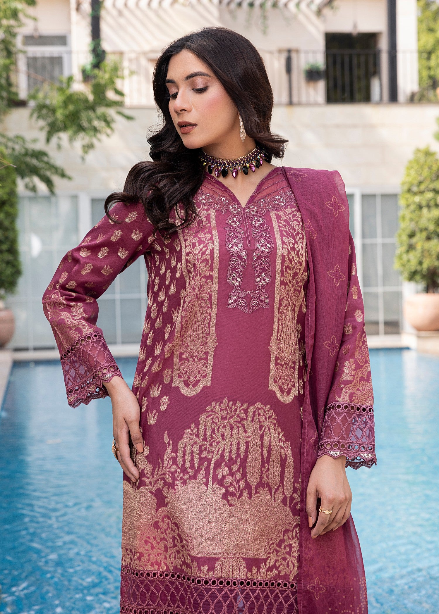 jacquard Kurta Set in Mulberry